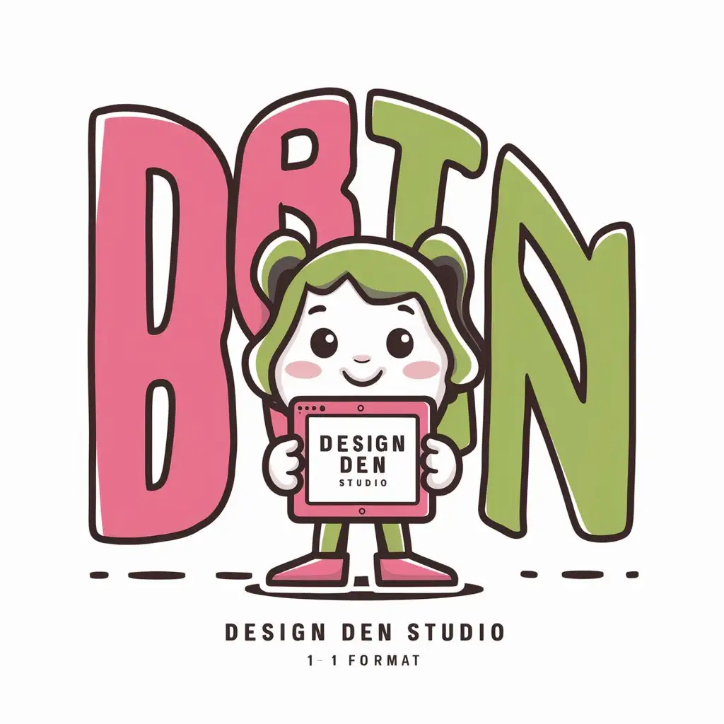 Генерировать аватарку формата 1 на 1 для студии дизайна, по середине написать название студии The Design Den. Сделать аватарку в стиле мультфильма с элементами 3д. Использовать в качестве основной палитры оттенки розового и зелёного 