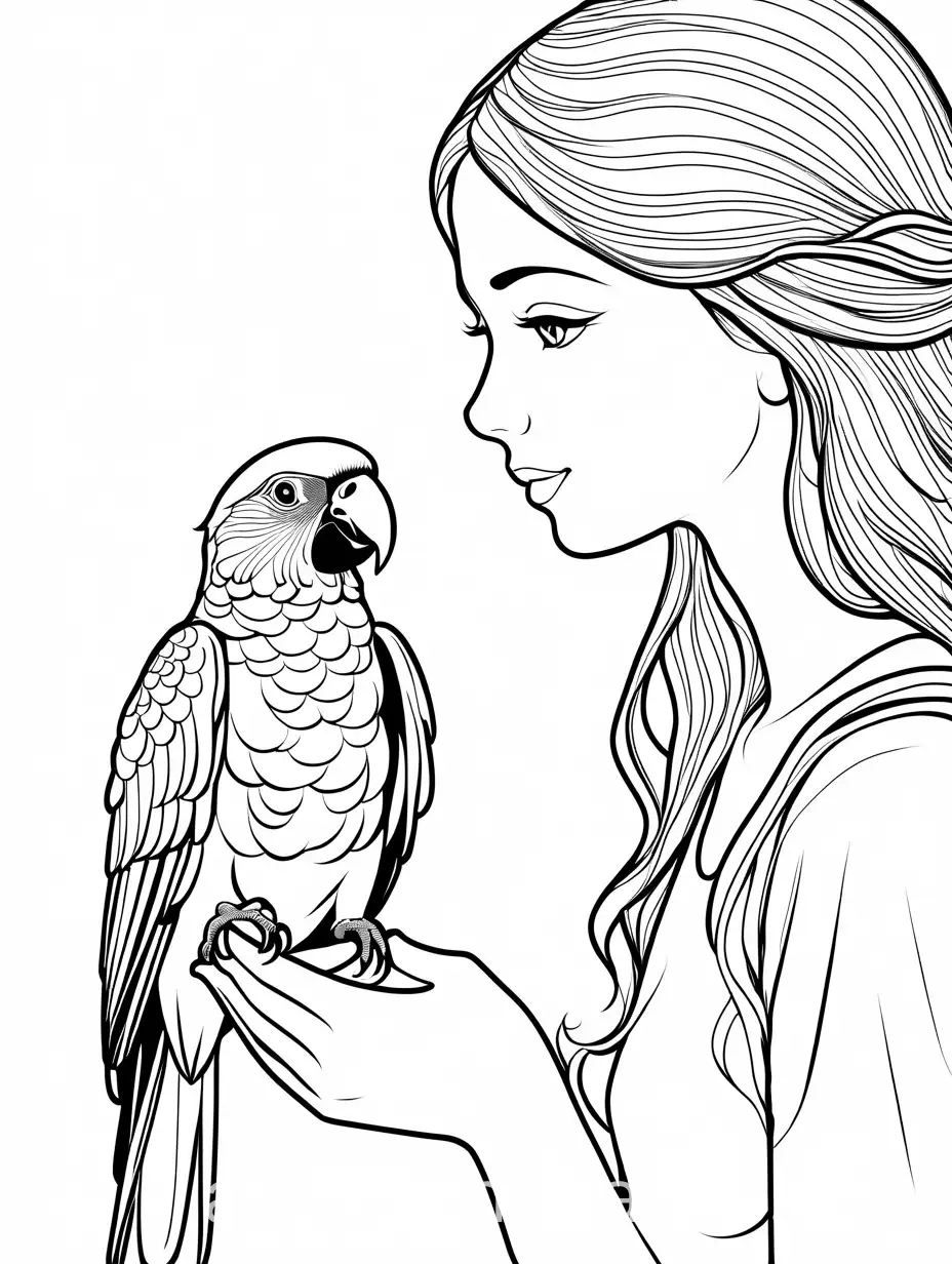 Girl-and-Parrot-Simple-Black-and-White-Coloring-Page-for-Kids