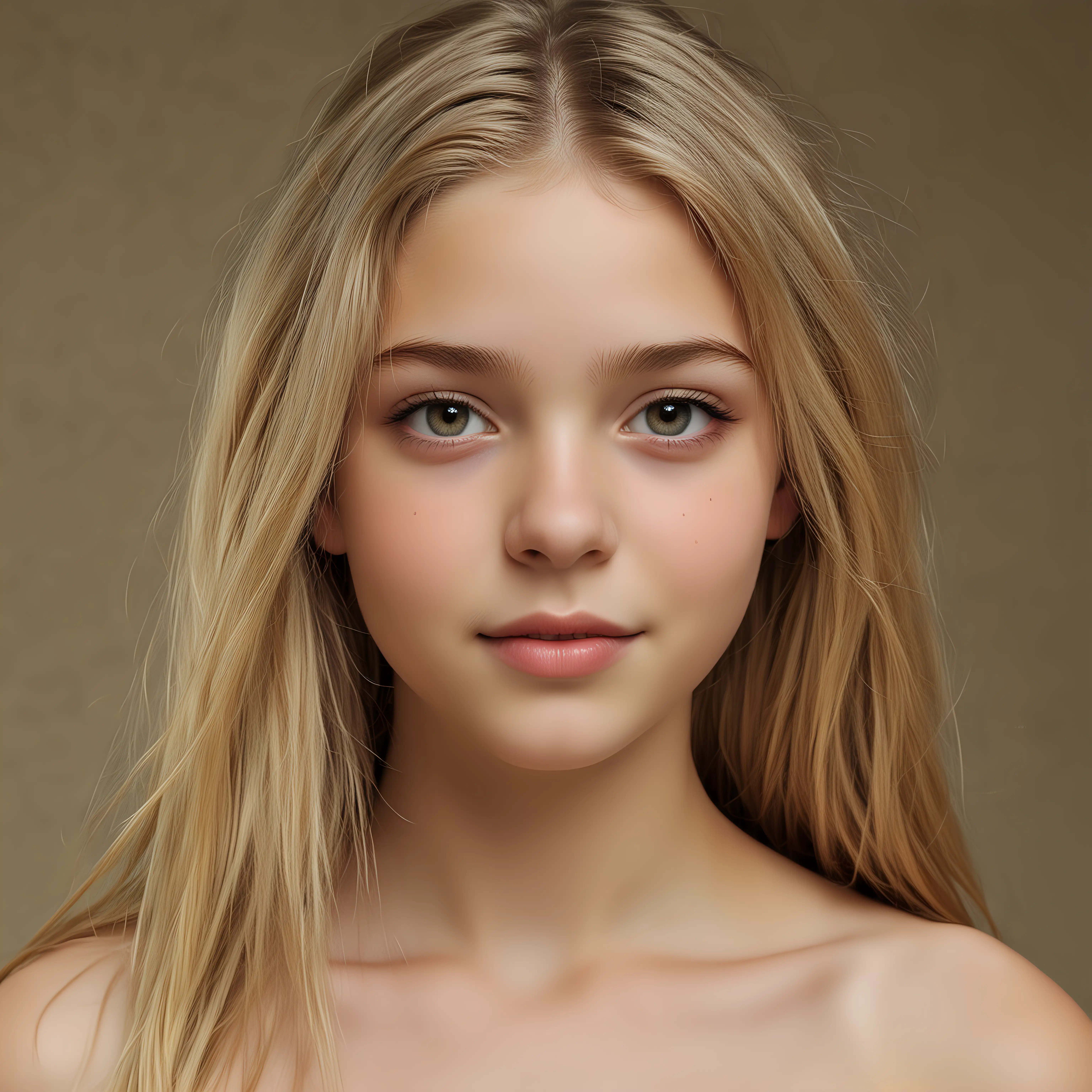 Maisie de Krassel, (14 years old) teen model, head and torso, ethereal, narrow face, loving smile, smooth straight hair that frames her face BREAK hazel eyes