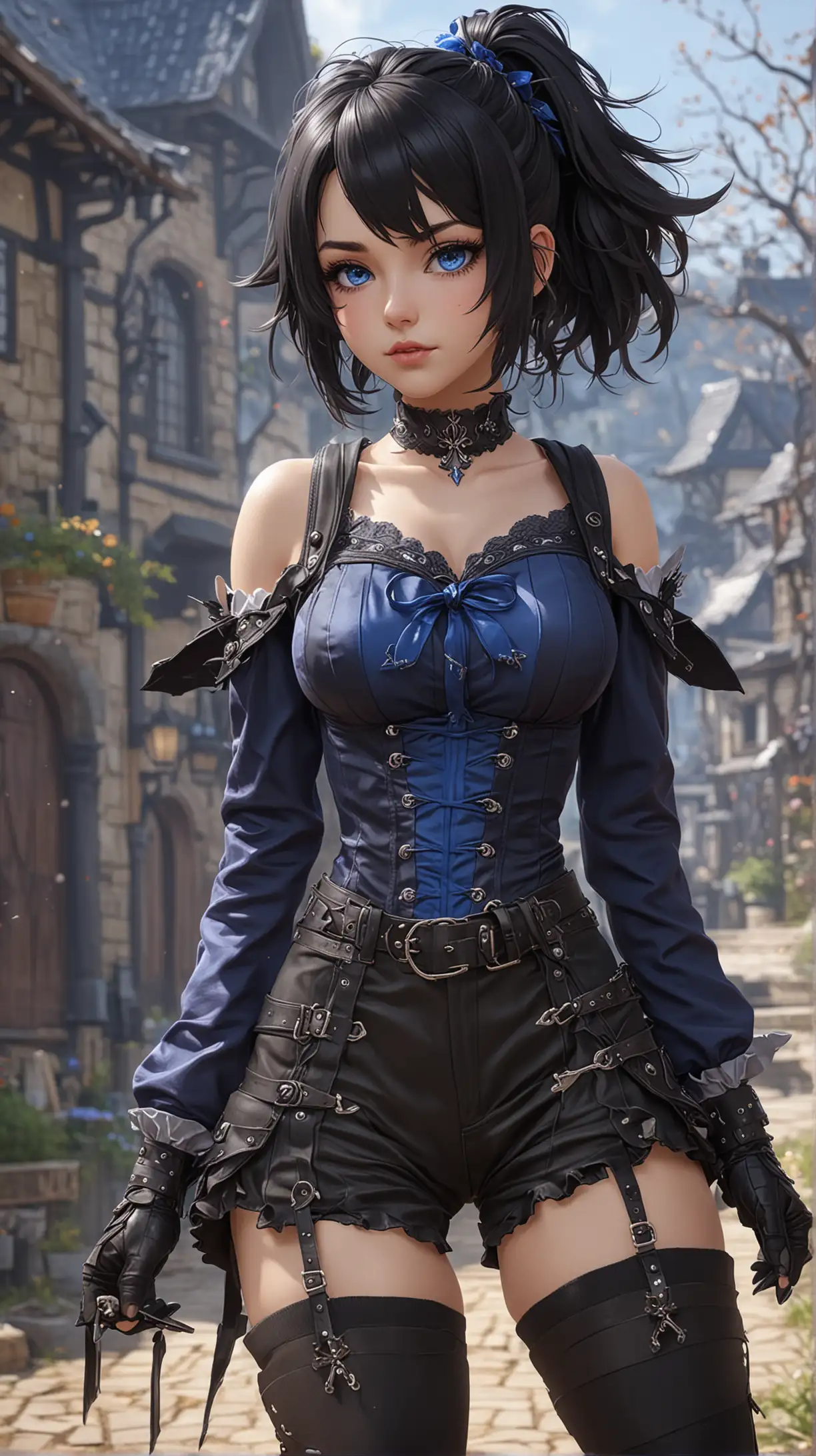 Gothic Style Female Original Character with Black Hair and Blue Eyes in Genshin Impact Art Style