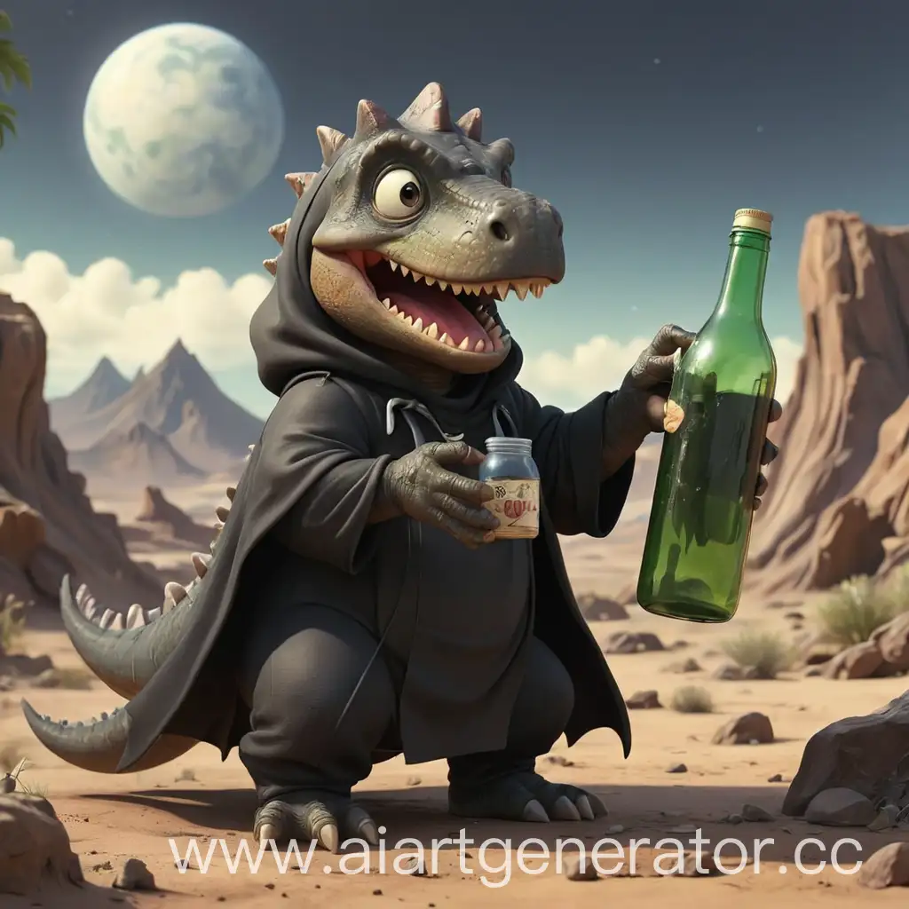 Mysterious-Cartoon-Dinosaur-with-Bottle-on-Planet-Earth