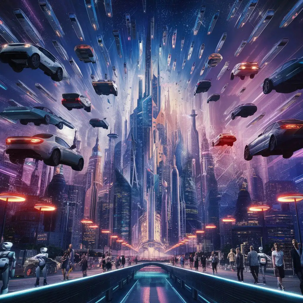 A futuristic cityscape with flying cars