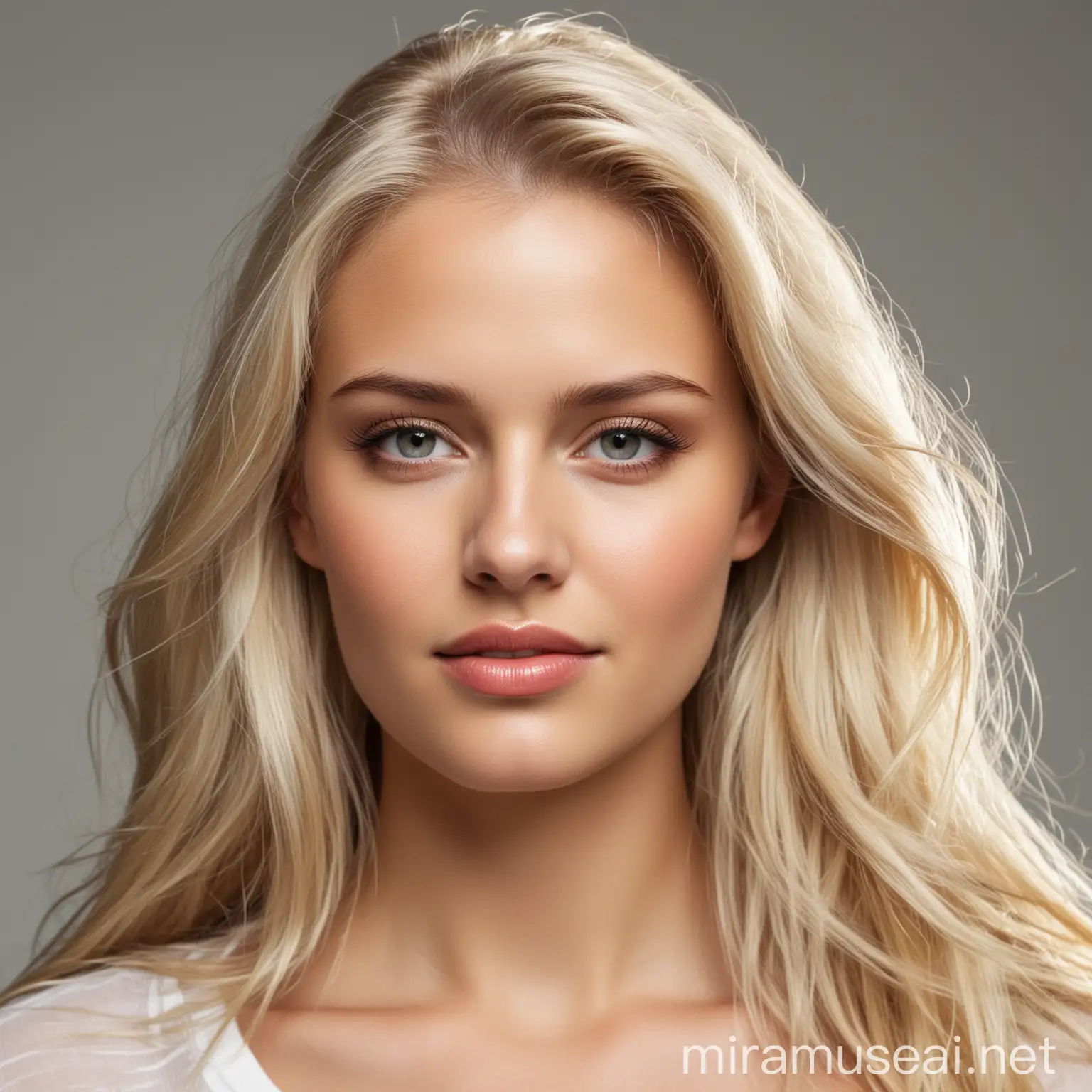 a blonde Caucasian female model with shiny hair