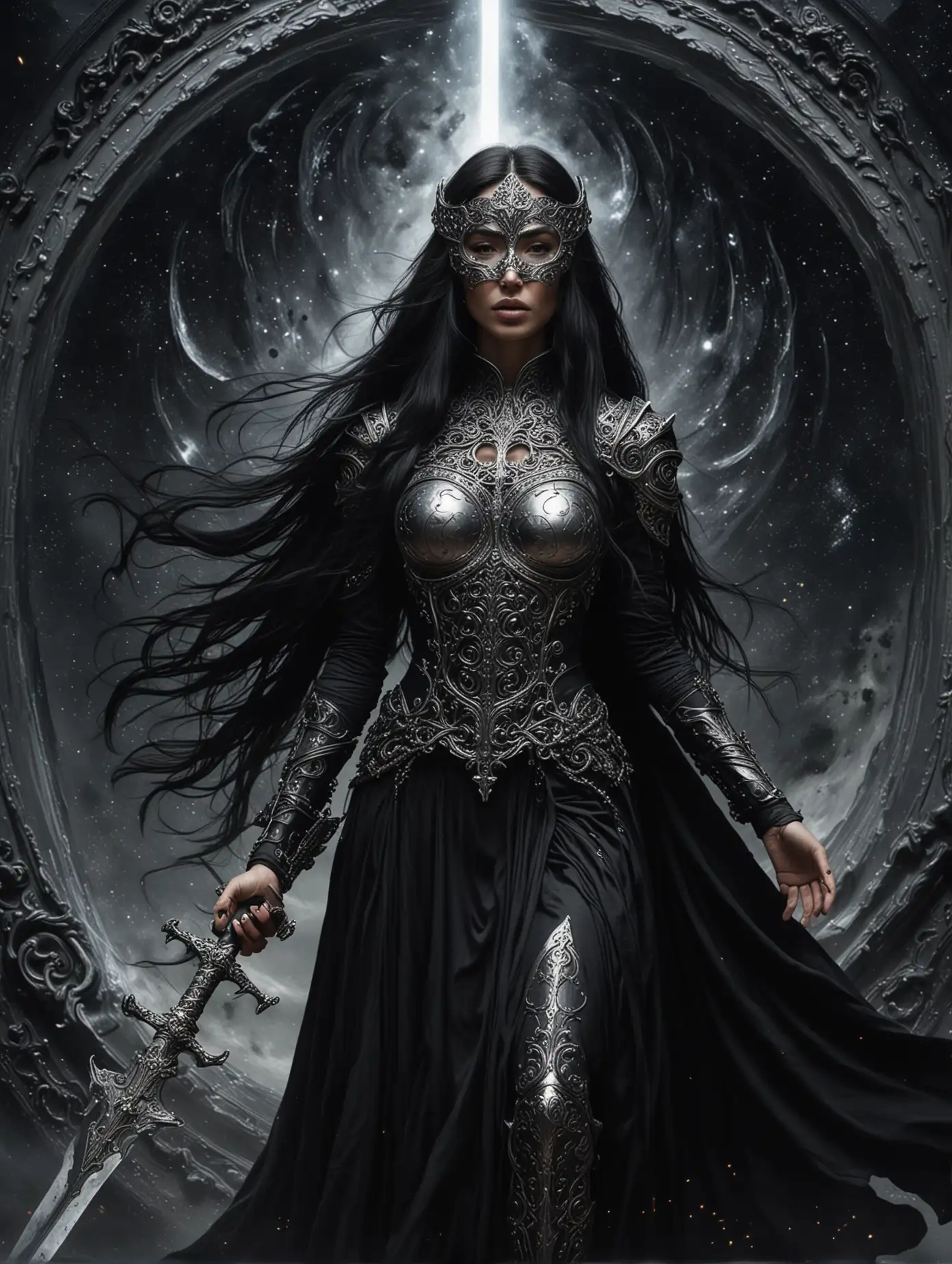 Mysterious-Dark-Priestess-Warrior-with-Sword-Standing-before-a-Cosmic-Void
