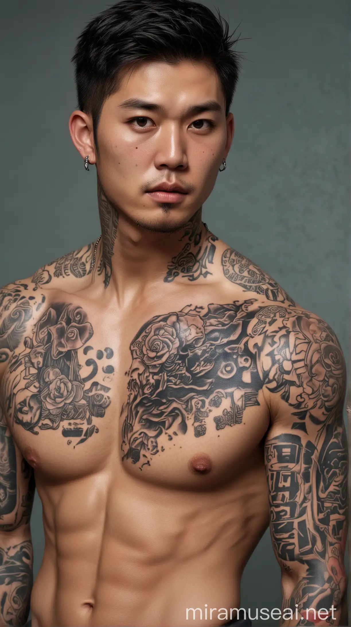 Pria Korea tampan dengan tato seluruh tubuh memegang, airsoftgun gaya artgerm dalam gaya greg rutkowski dan dalam gaya Thomas kinkade wajah detail mata detail latar belakang bermotif definisi tinggi fokus tajam resolusi tinggi --v 66 --gaya mentah - -s 130 --ar 35:64