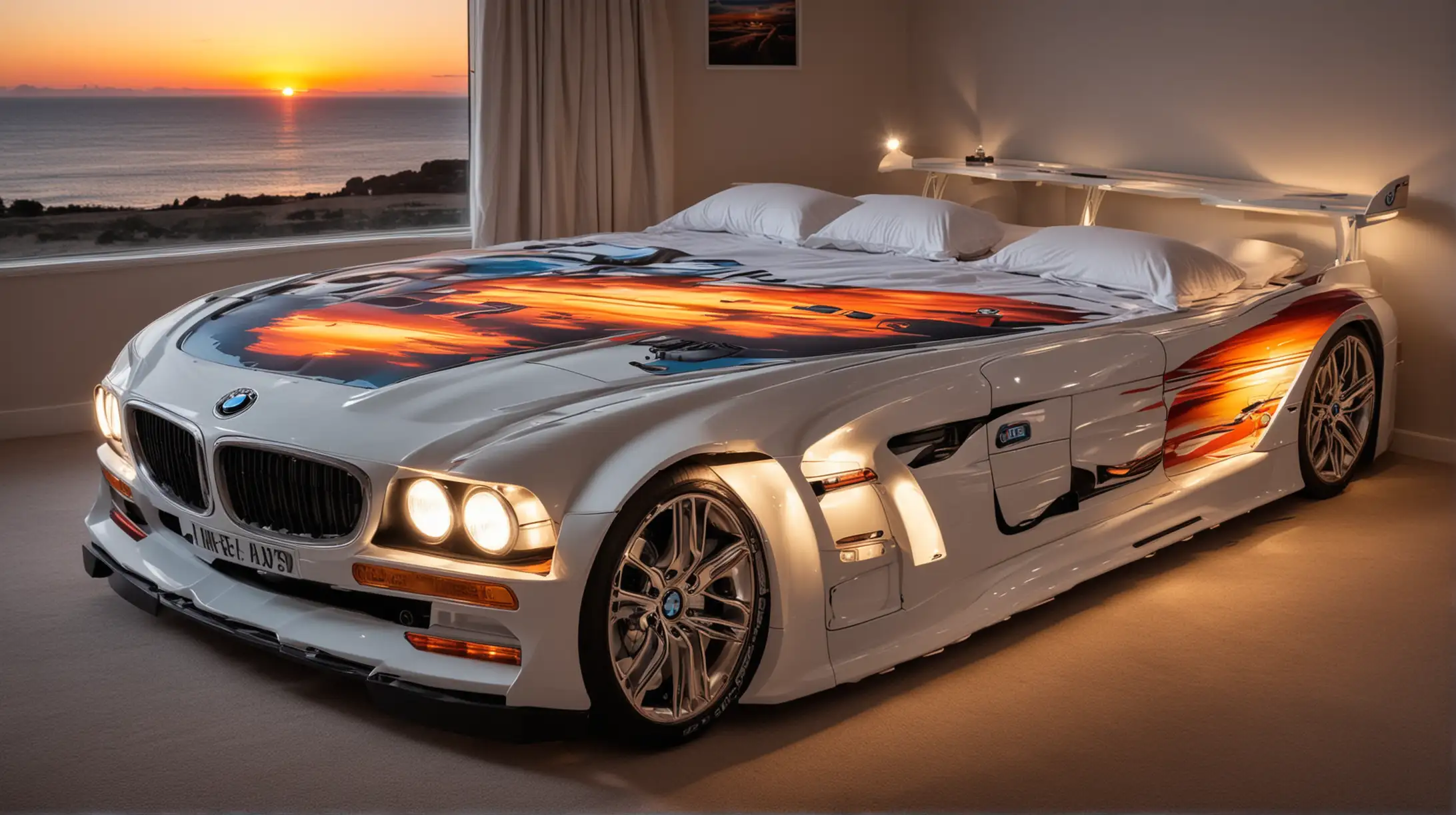 Double bed in the shape of a BMW car with headlights on and sunset graphics