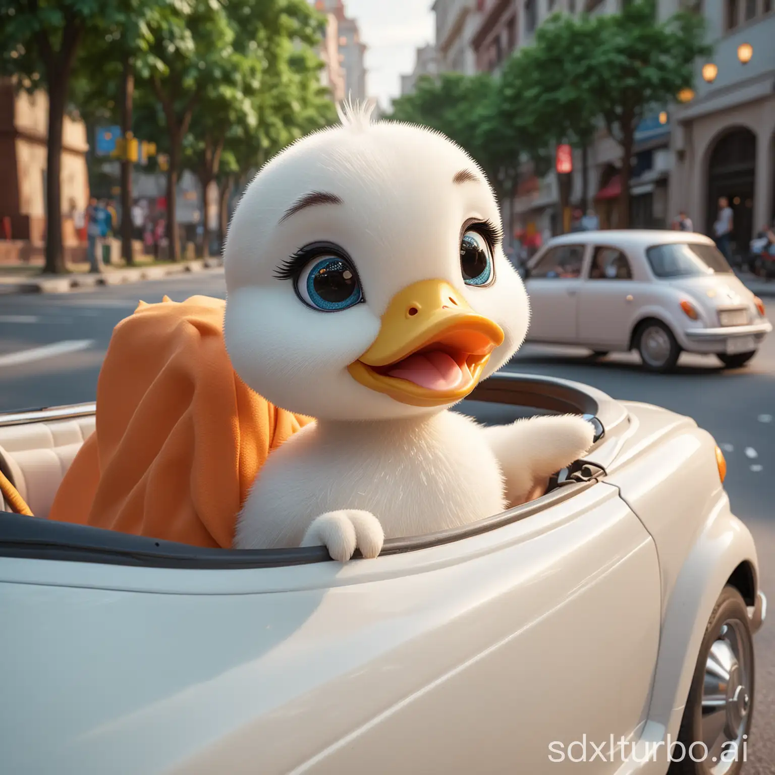 a little white duck, cute, driving a car in Guangzhou, no convertible, smiling, bright eyes, wide-angle shot, 3D Disney style, high quality rendering