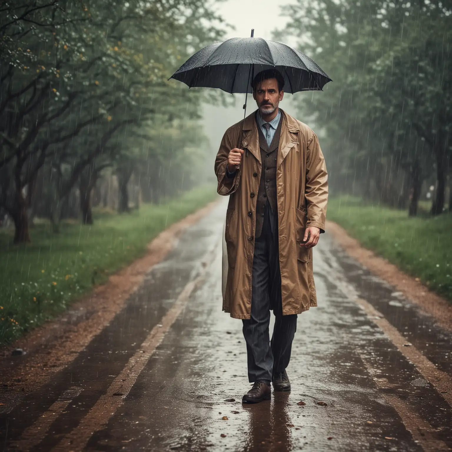 Vintage Doctor Walking in the Rain with an Umbrella