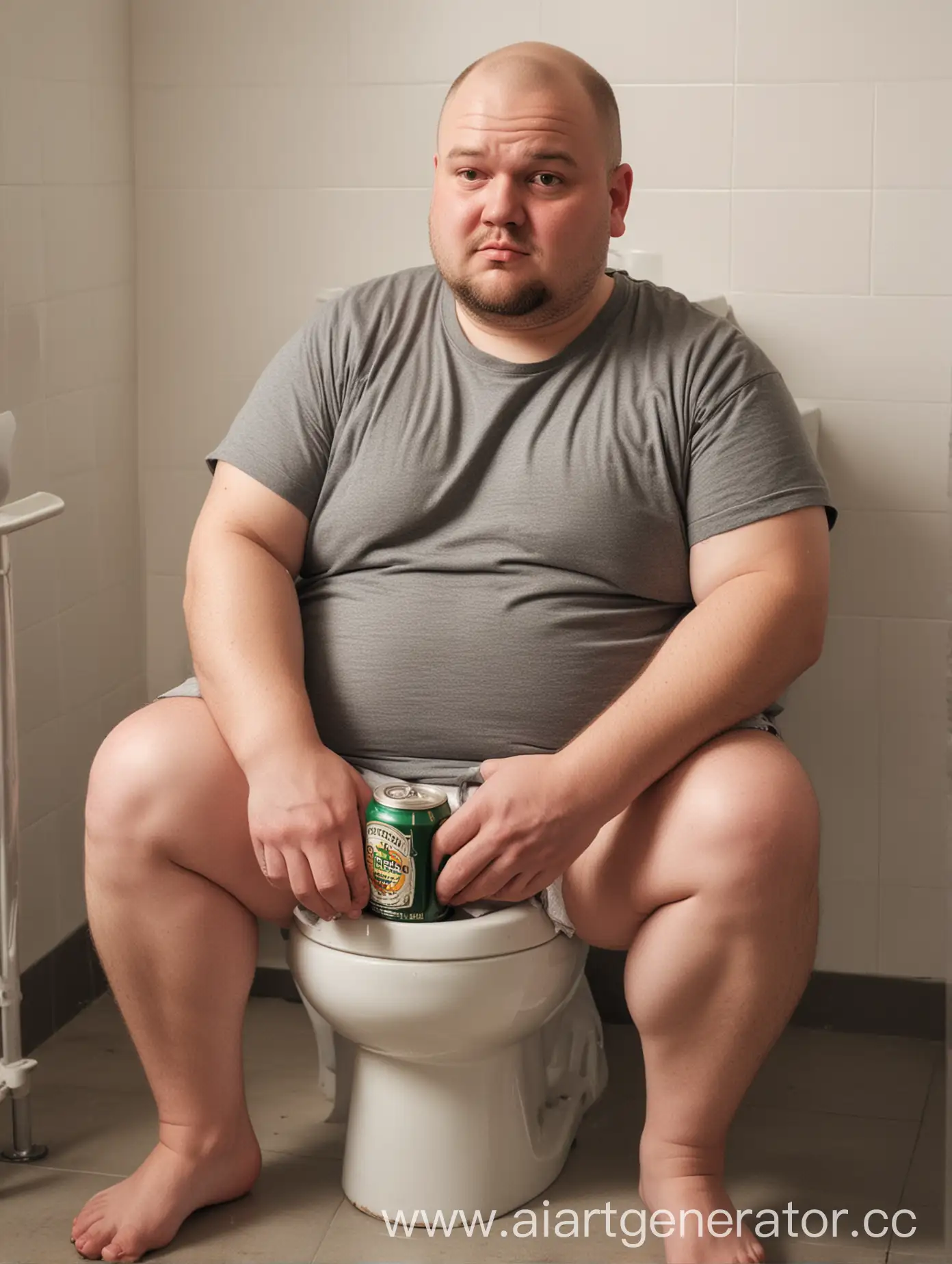 Жирный человек, сидит на туалете, в майке, смотрит на нас, у него небольшая лысина, рядом с туалетом стоит бутылка с пиво