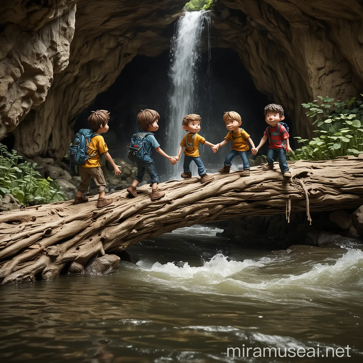 Facing Challenges Tommy is scared of crossing the river and entering the cave, but his friends support him. They work together, using a fallen log to cross the river and holding hands as they enter the cave.