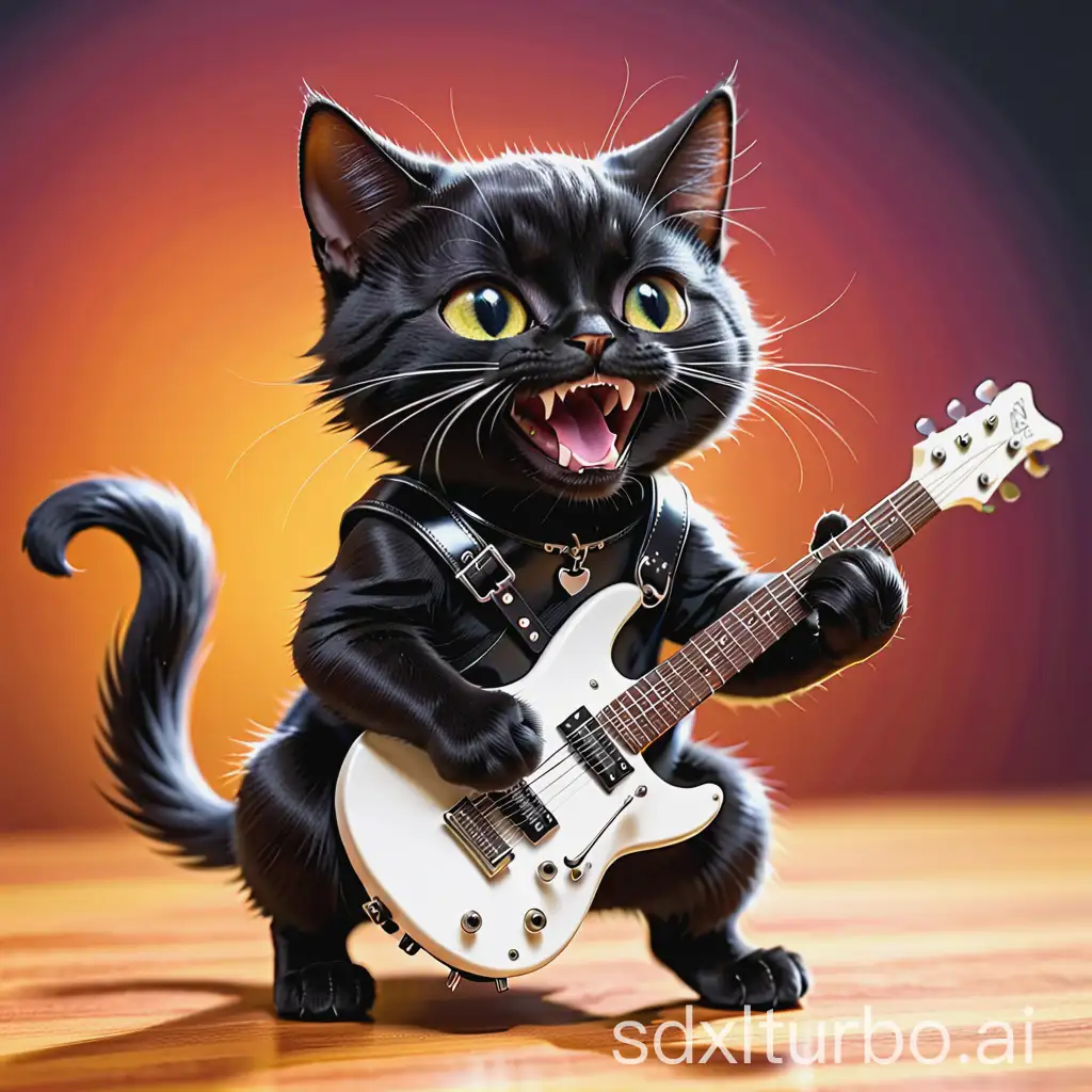 happy black cat playing metal guitar