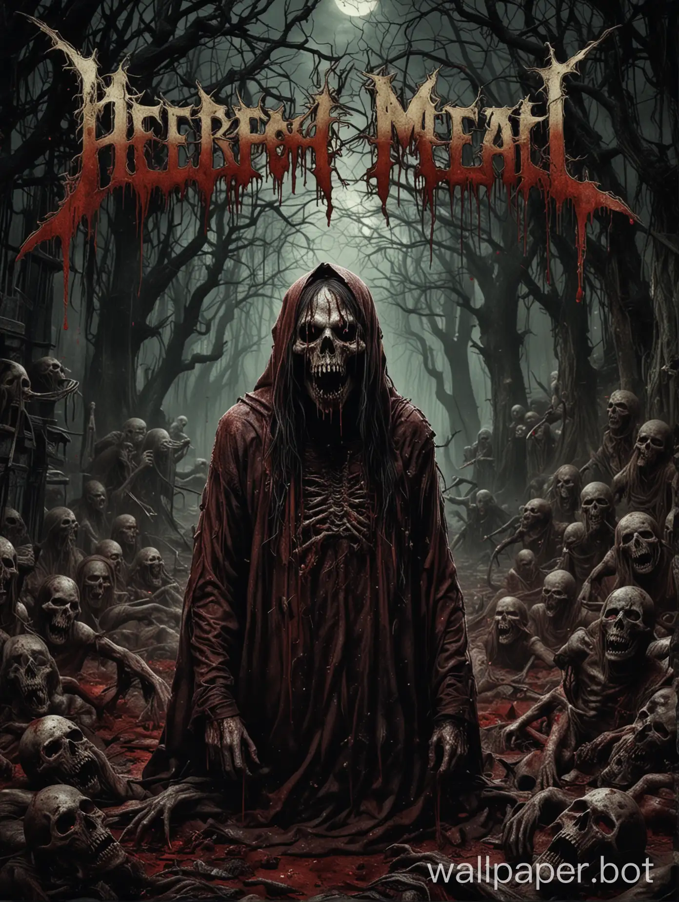 Design a chilling death metal cover that delves into the darkest corners of horror. Depict a haunting scene of a decaying and blood-drenched corpse Utilize dark and intense colors like deep blacks, vibrant reds, and eerie greens to create a menacing atmosphere. Include rugged and distorted typography to incorporate the band name and album title, adding to the overall macabre appeal. Let your imagination go wild and create a visually striking artwork that captures the raw brutality and darkness of death metal