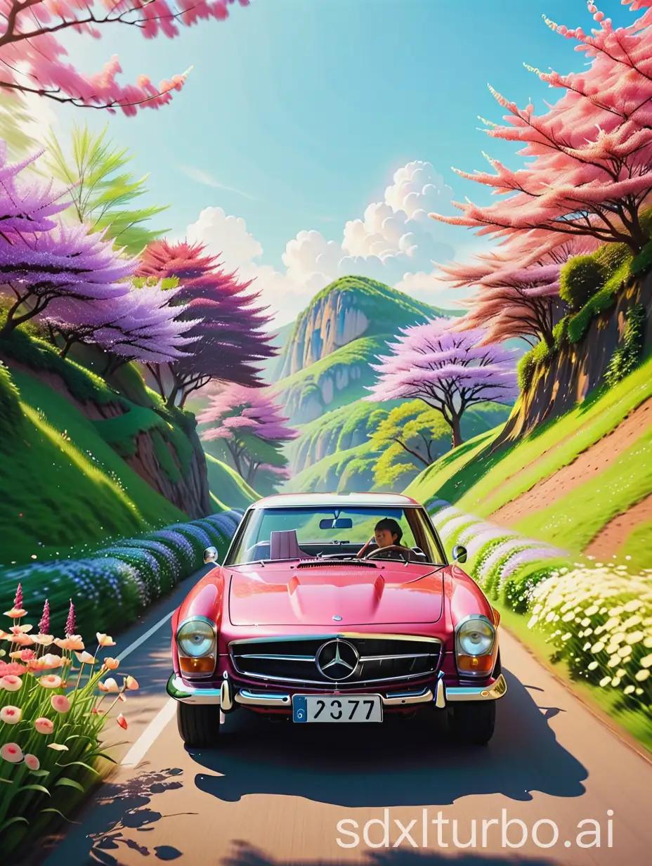 Mercedes-Benz car, naturalistic depiction of flora and fauna, soft, post-processing, simulated film, ultra-detailed dreamy Lofi photography, colorful, filled with flowers, Miyazaki style, ultra high definition, summer scenery, low contrast