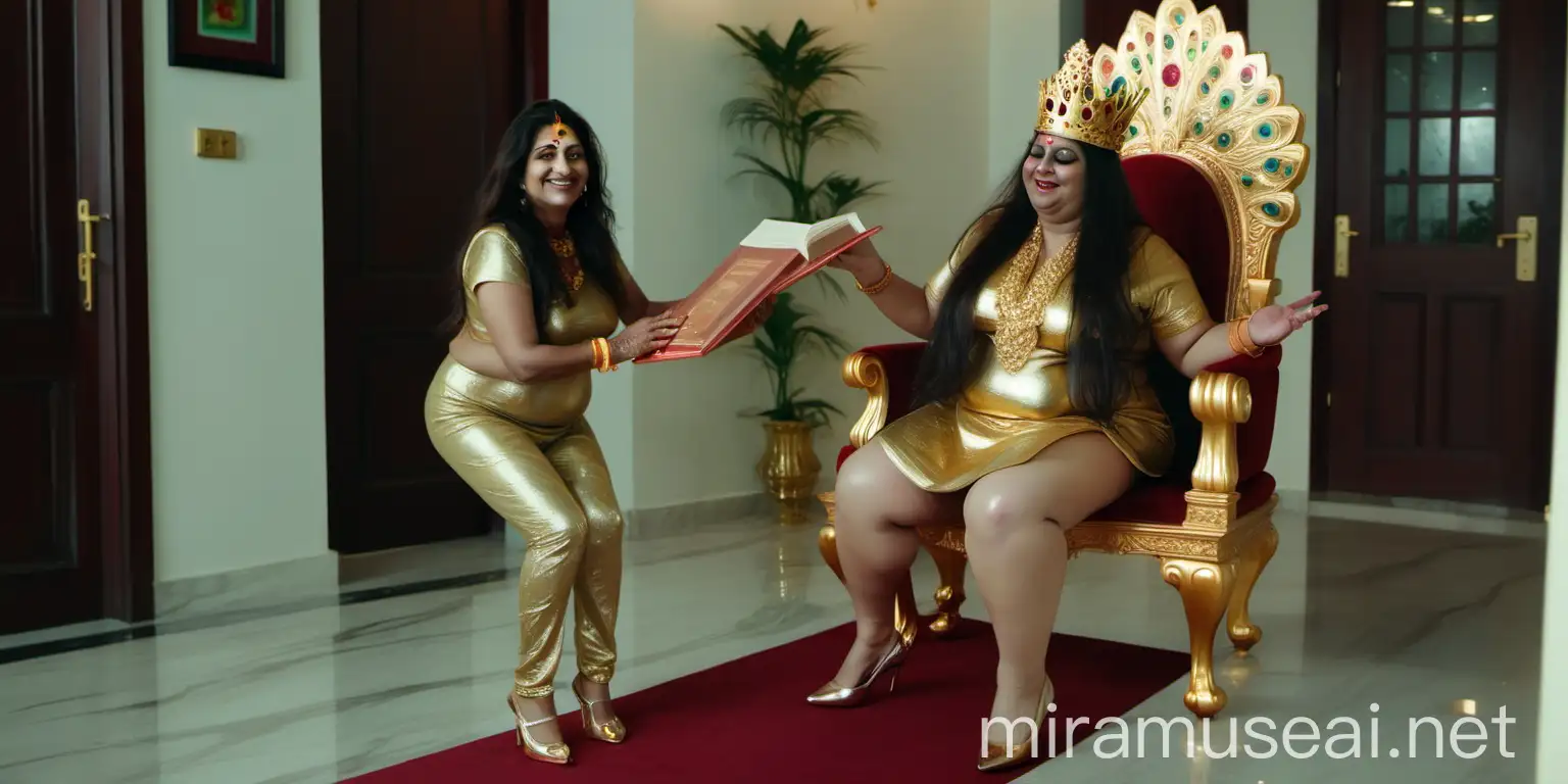 a 47 years old  fat mature  indian woman  backside , with curvy figure , long dense hair, wearing a  golden crown  on head , golden spectacles on face, wet bird Costume ,  wearing a flower garland on neck , white high heels  on feet  , doing squat exercise , near a royal luxurious golden chair, holding a book and wearing a lots of gold ornaments, happy and smiling near  royal luxurious marble stairs , its evening time and a lots of peacocks  are there and lights are there 