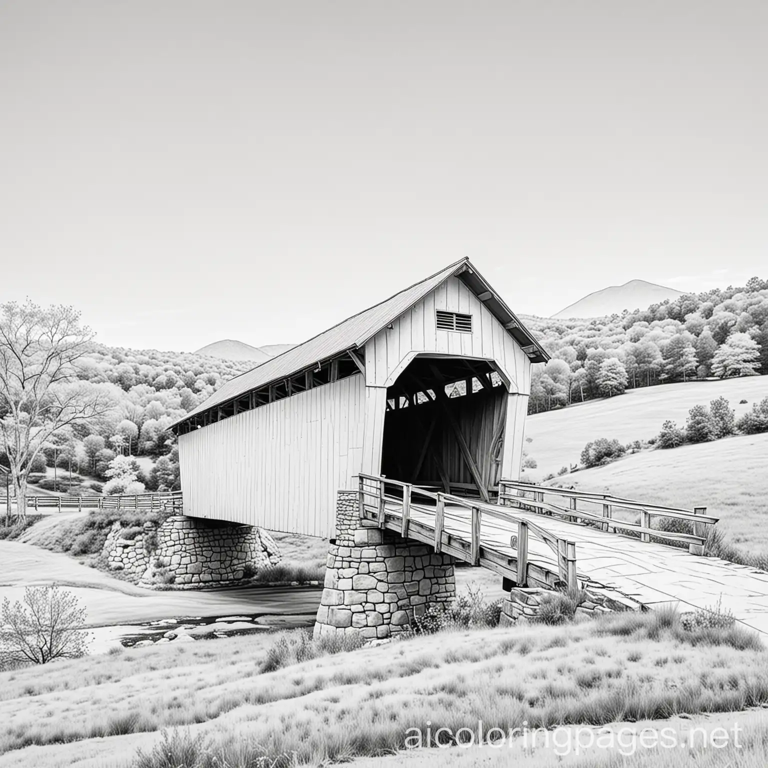 a covered bridge black and white coloring book page. simple clean lines. with rolling hills behind it., Coloring Page, black and white, line art, white background, Simplicity, Ample White Space
