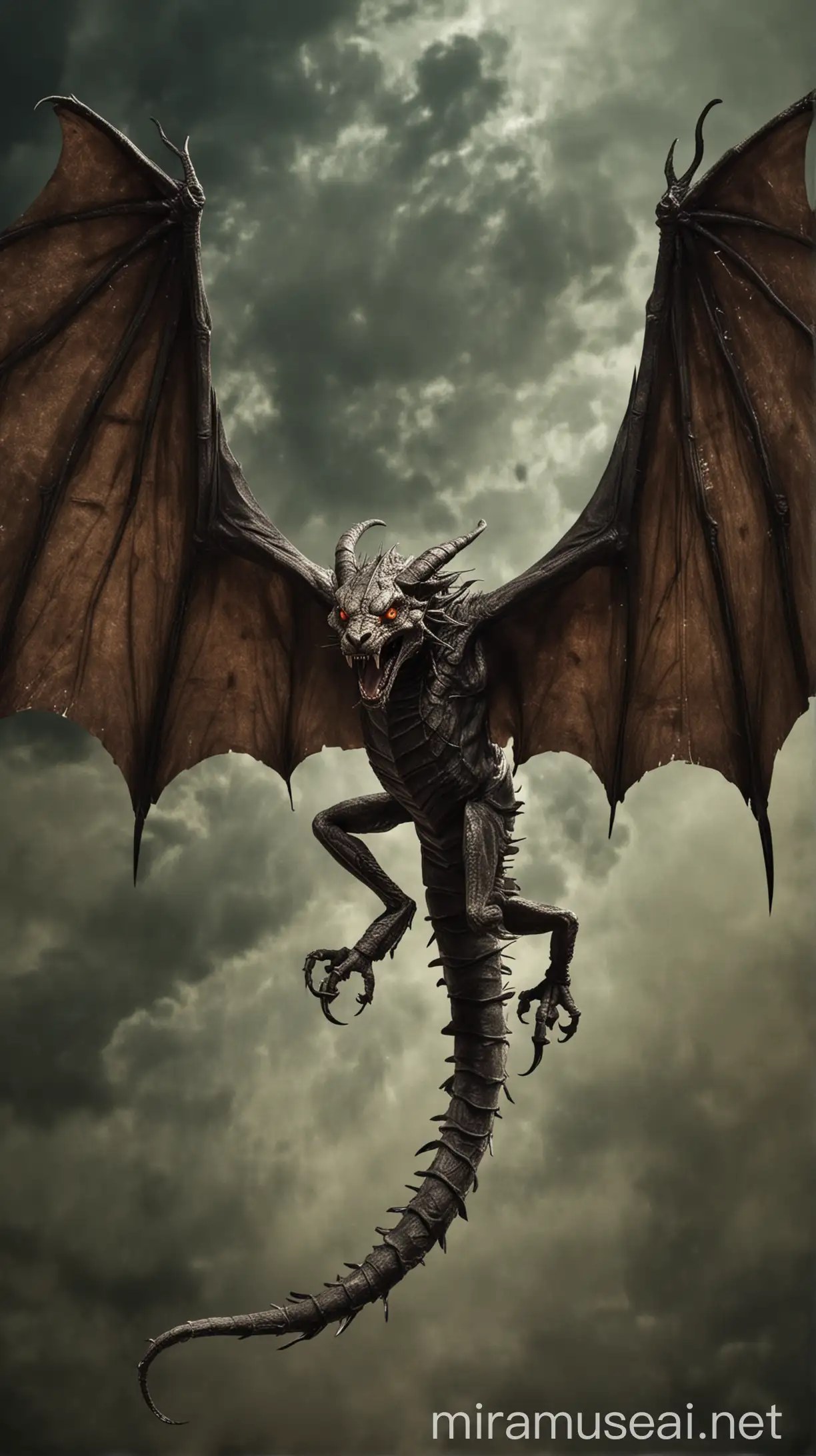 *Name:* Aerochimera
*Appearance:* A winged, serpent-like creature with a lion's head, bat-like wings, and a scorpion's tail. Create the images exactly like the description but make it terrifying 