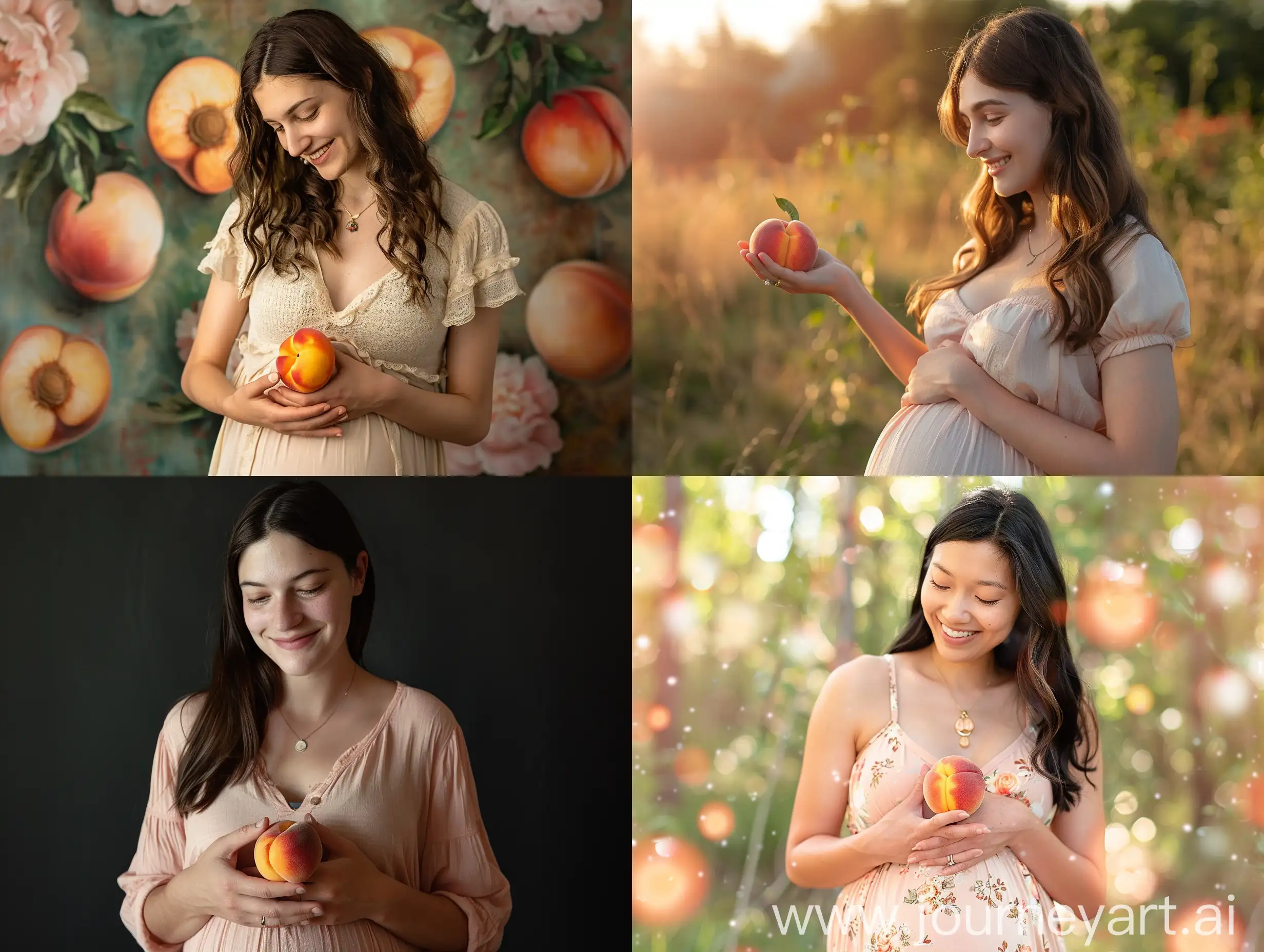 A photo of a pregnant woman holding a peach