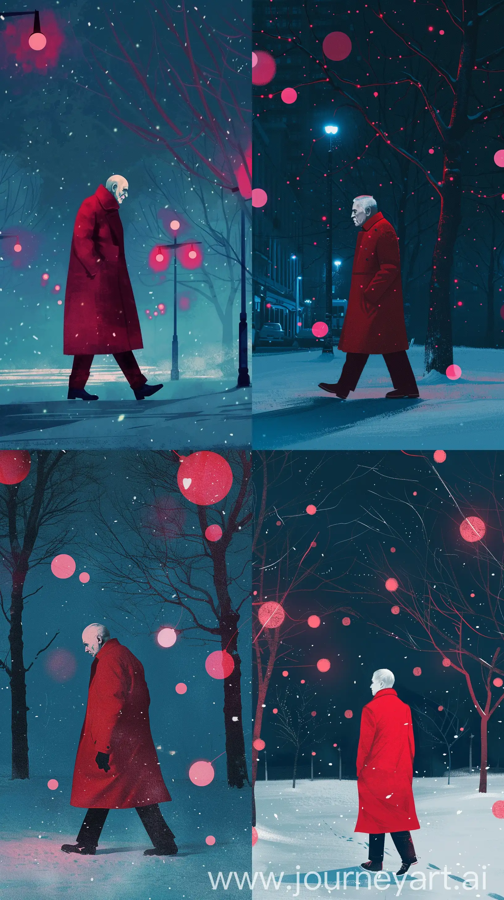 Vintage illustration, 40 years old man in a red coat, white skin, walking at winter night, pink lights , blue , maroon, phone wallpaper, minimal.  Hd 10k --ar 9:16