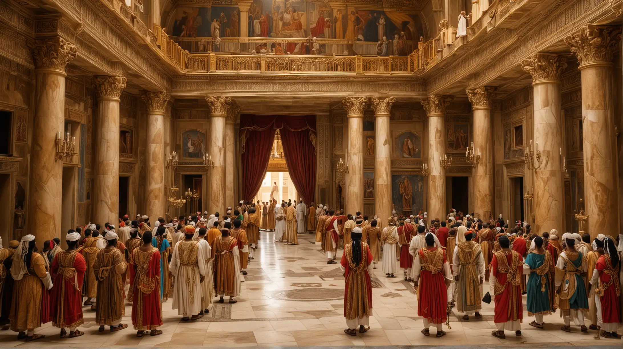 a beautifully decorated royal palace with some well dressed servants, during the biblical era of King Solomon 