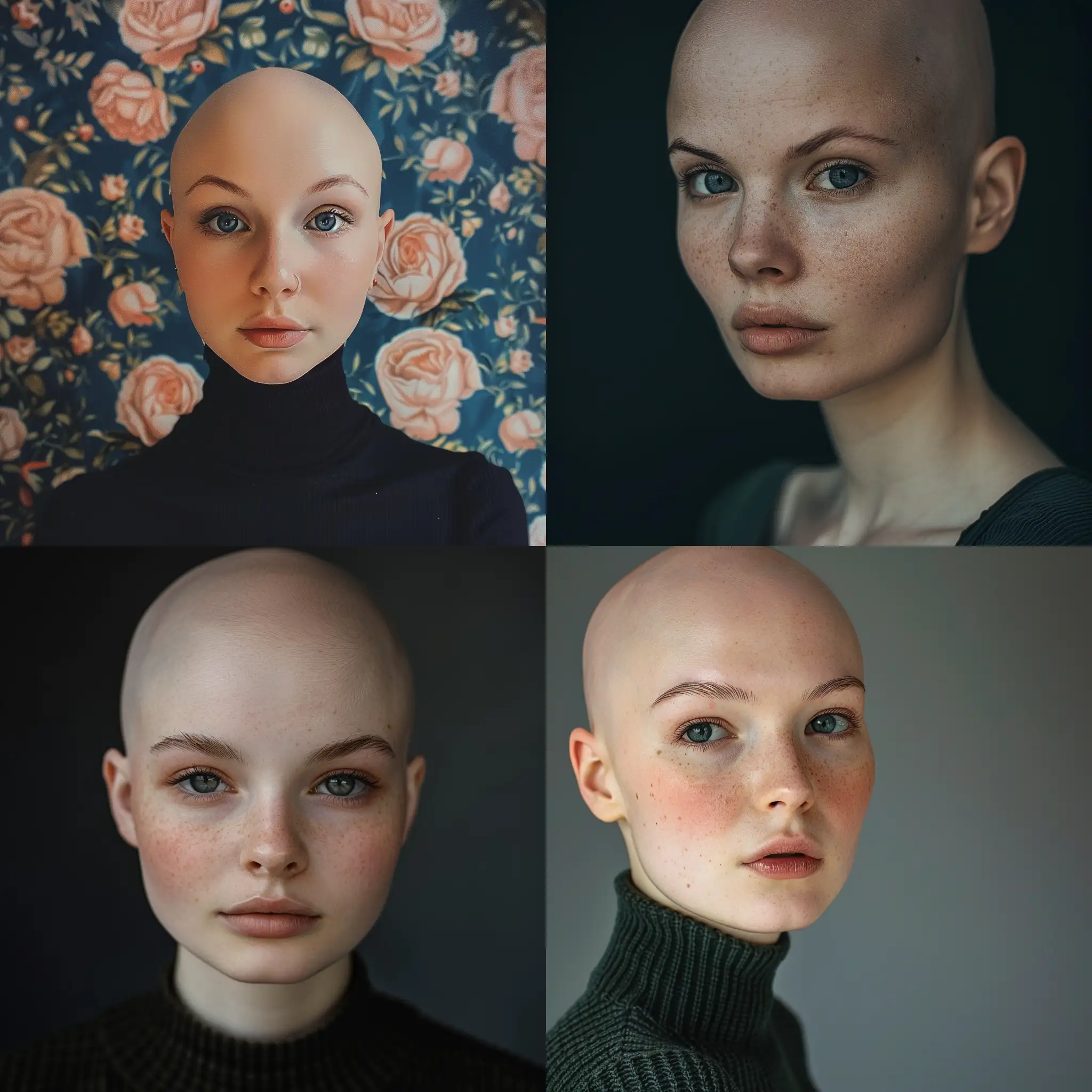 Full face photo of bald girl --v 6 --ar 1:1 --no 34507