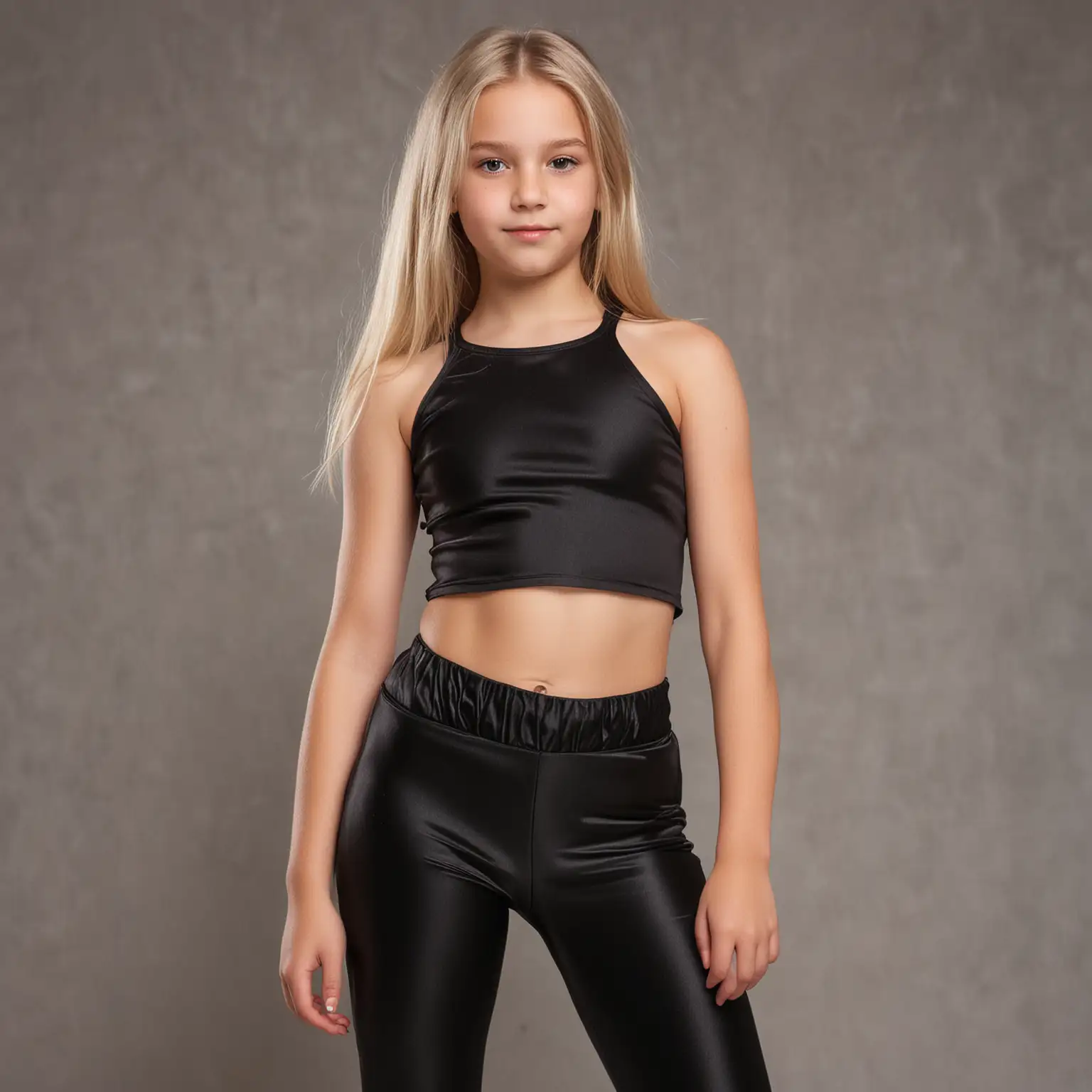 thirteen years old blonde girl, european, straight hair, tight leggings, black satin croptop, full pose, side pose for the camera