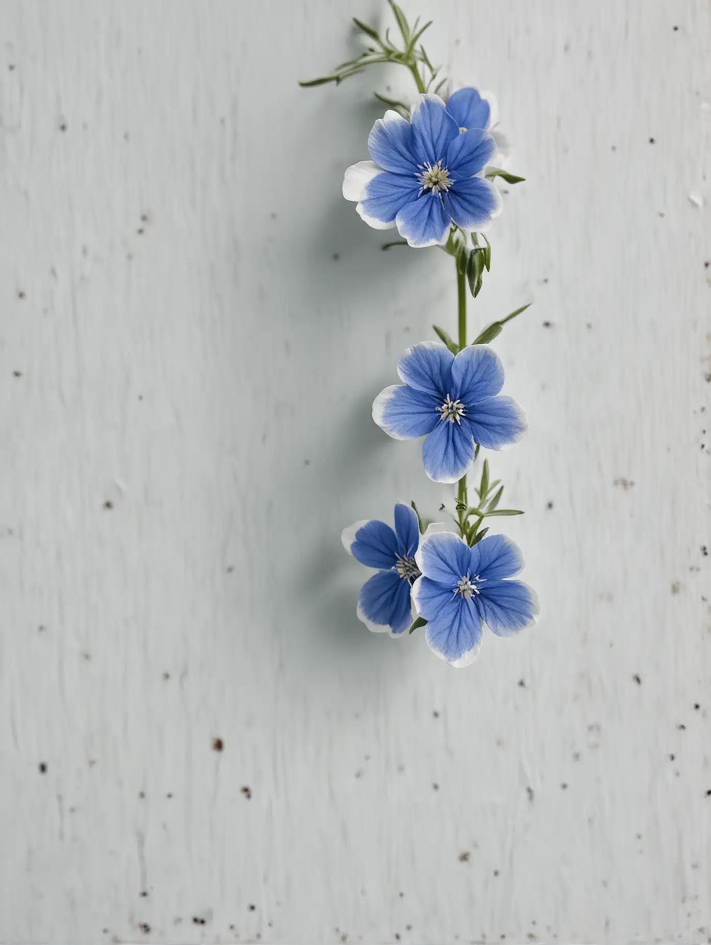 white table top view, blue small flowers, macro, HD
