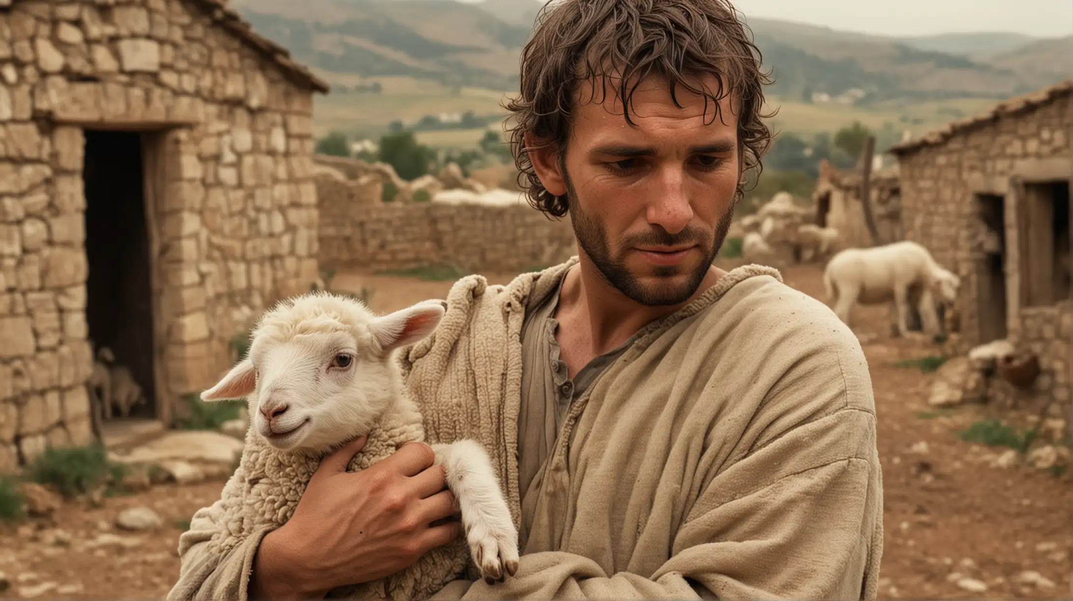 Biblical Era Poor Man with Lamb Outside Modest Dwelling
