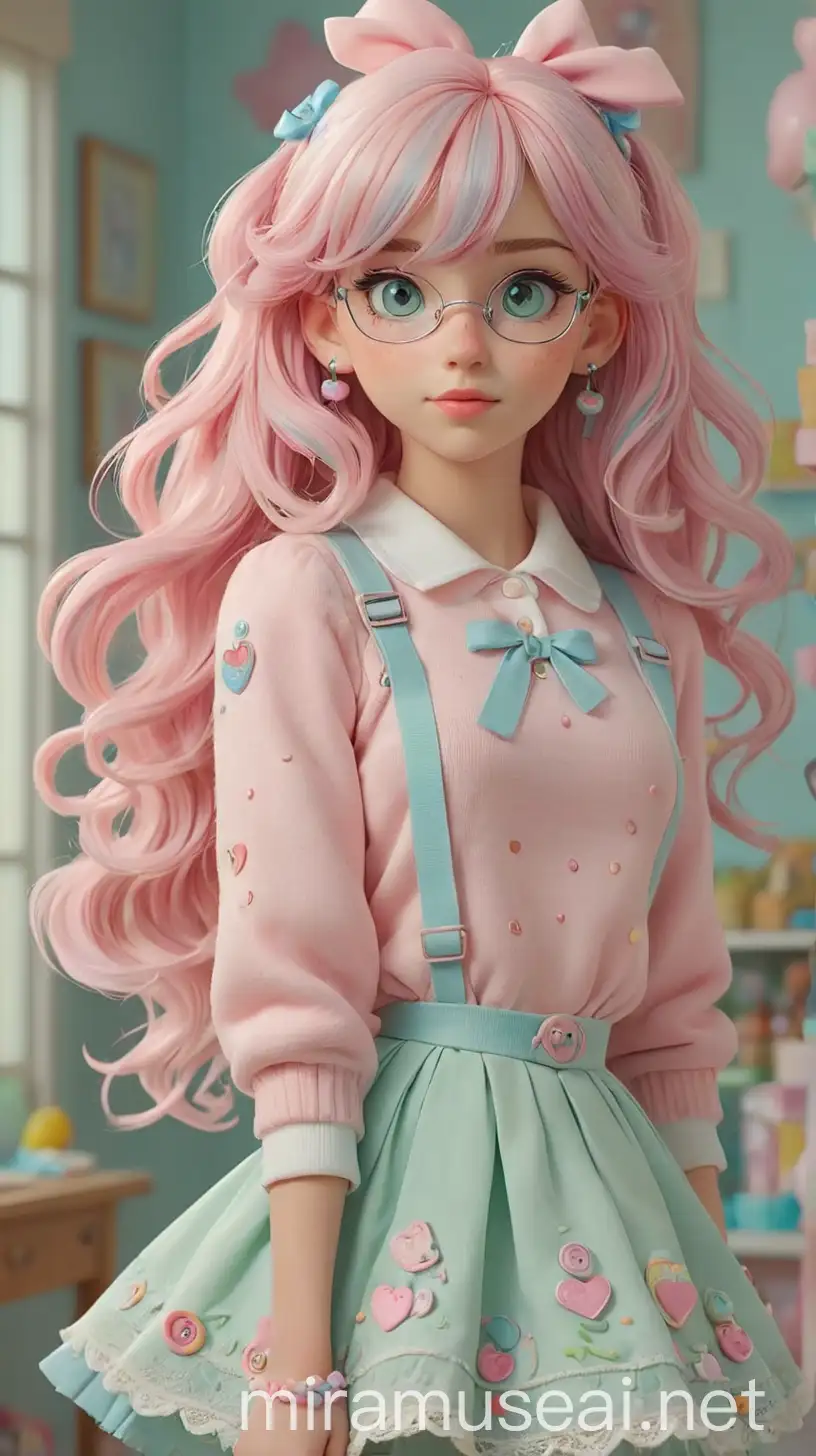 Whimsical Candycore Teenage Girl with Pastel Pink Hair and Playful Outfit