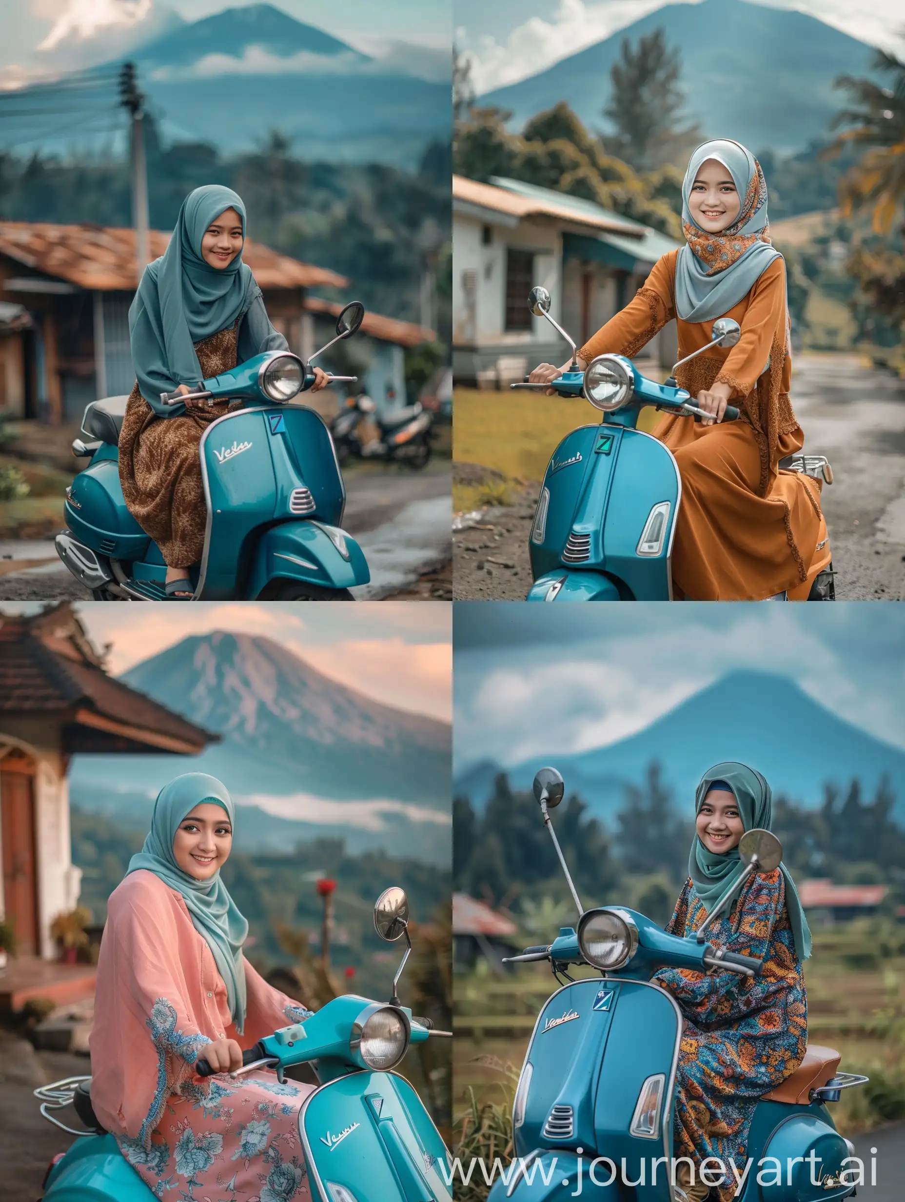 Charming-Indonesian-Woman-in-Hijab-Smiling-on-Blue-Vespa-Jupiter-Z-Rural-Mount-Semeru-View
