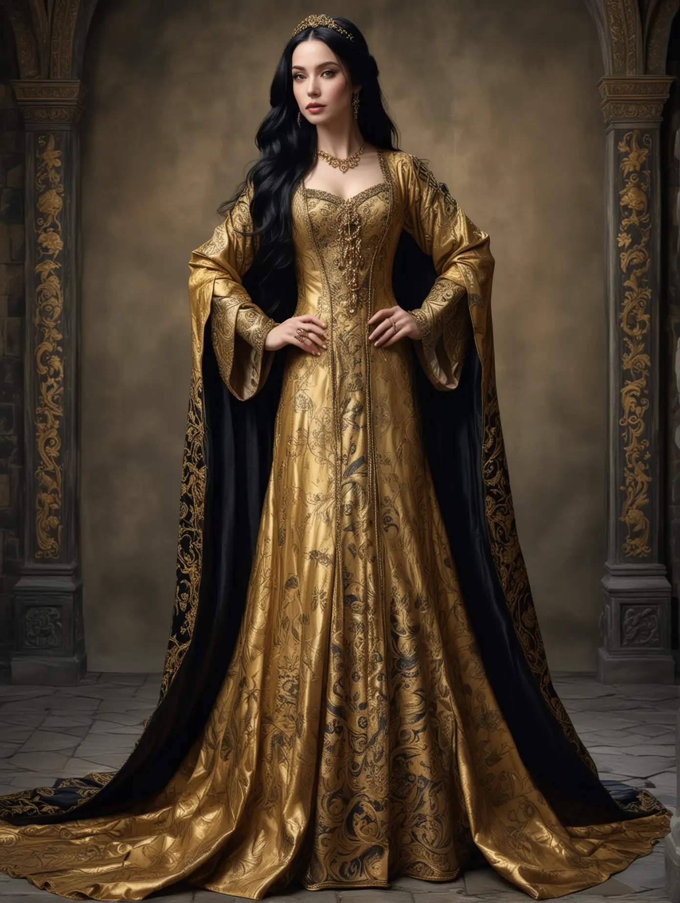 A full-length image depicts a extremely beautiful lady with waist-length long, black hair, in a gold extravagant medieval robe.