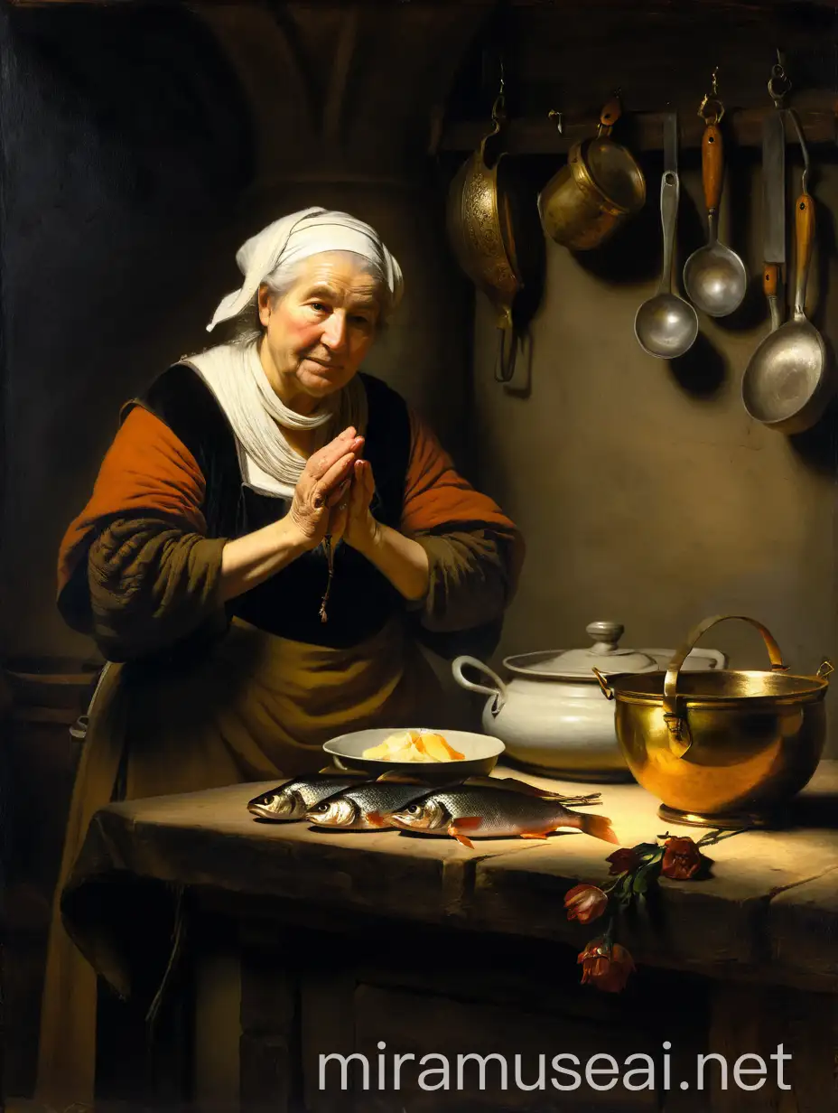 Rembrandt very old grotesque  woman in the kitchen cooking  fish, young undressed woman, extra good hands detailed ,  old man in armor, Die herabkunft Christi, with flowers painting that will show scene from voodoo history in a Rembrandt style, Dramatic use of light and shadow, a technique known as chiaroscuro, This creates a striking contrast between light and dark areas, often highlighting the focal point of the painting, His compositions often convey deep emotional or narrative intensity, Rembrandt's color palette is typically rich but subdued, featuring earthy tones and warm colors, His brushwork is renowned for its expressiveness and texture, ranging from smooth and finely detailed in areas of focus to more loose and impressionistic in other parts,