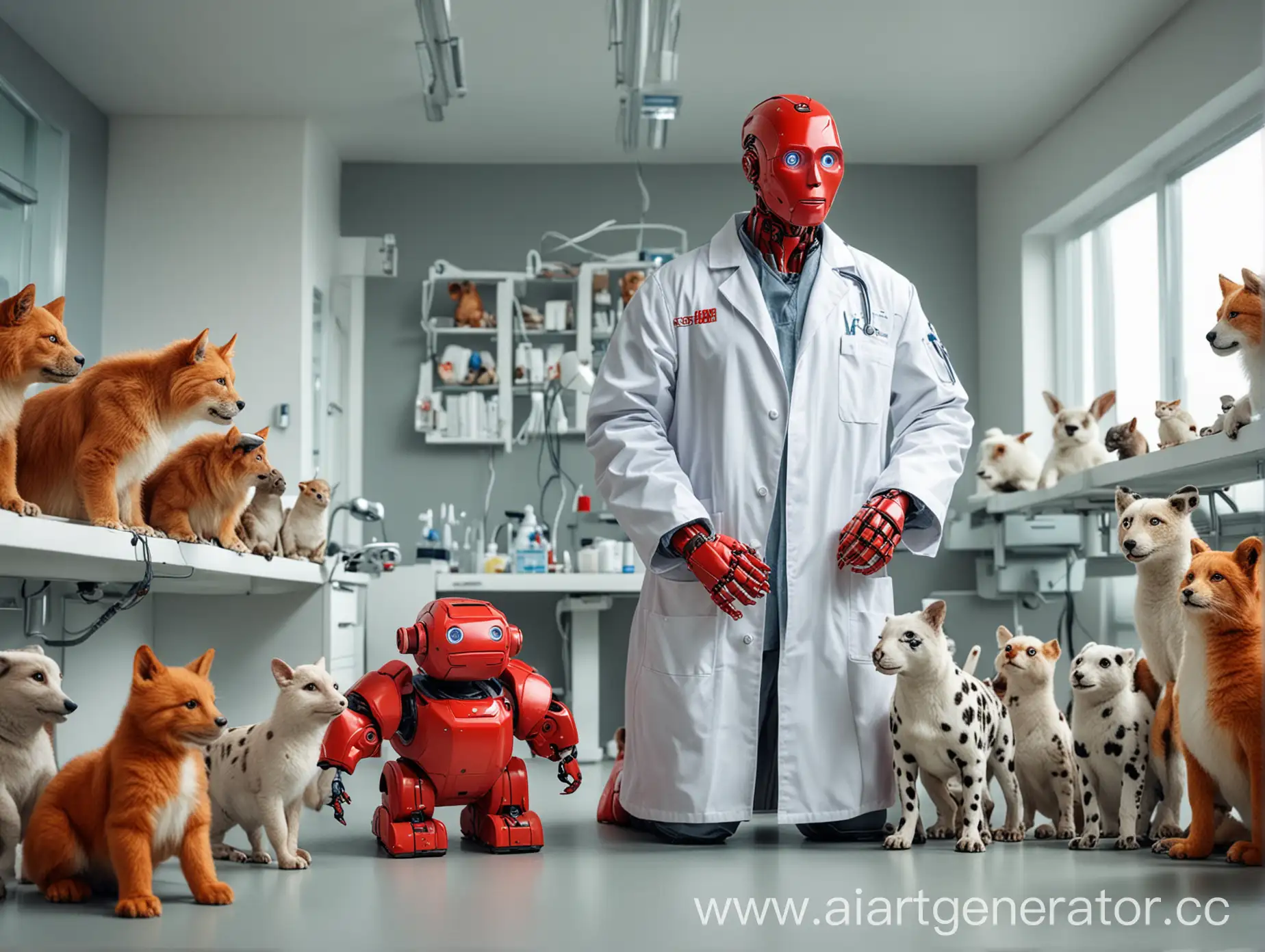 Добрый красный Робот-ветеринар в белом халате в окружении животных в ветклинике