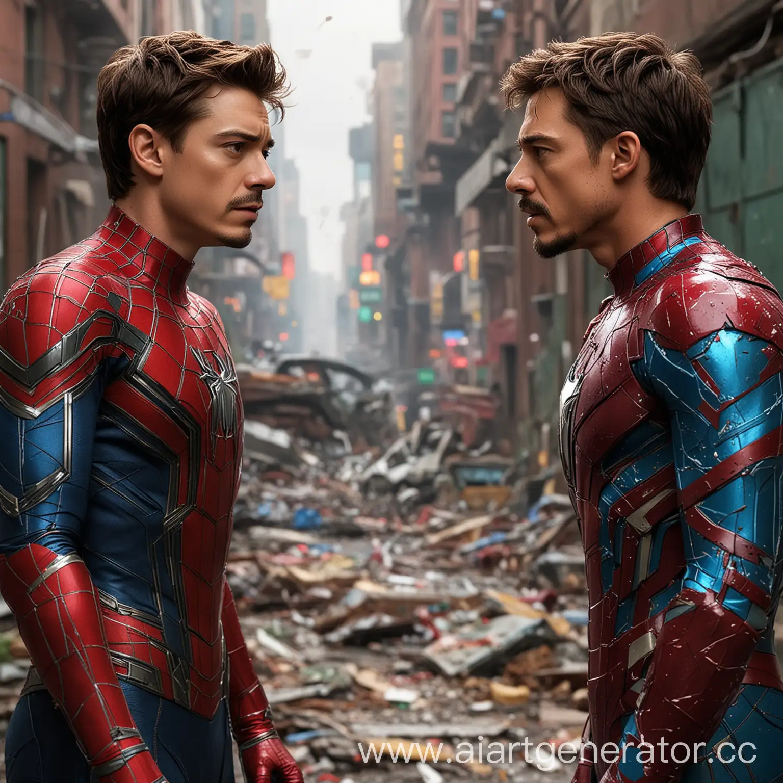 Struggling-Peter-Parker-and-Flawless-Tony-Stark-Separated-by-Vibrant-Barrier