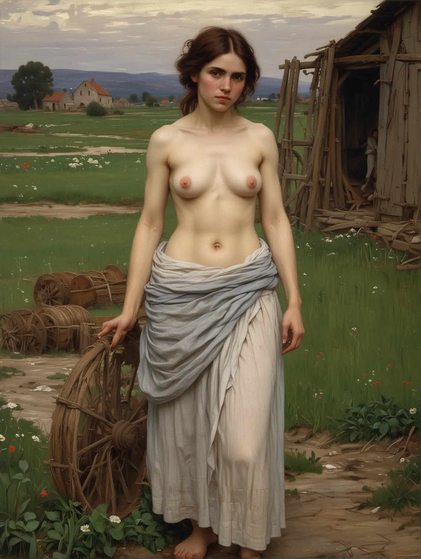 John William Waterhouse portrait of topless peasant woman in farm.