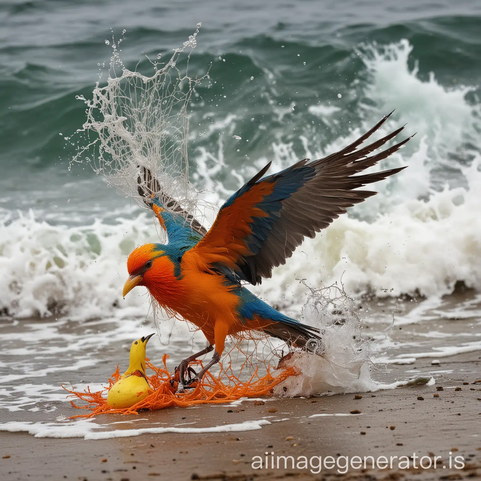 SNAP! The net caught around the colourful  bird's leg. The bird struggled to break free, its cries of pain muffled by the crashing waves. Finally, with a desperate surge of energy, it managed to free itself and surfaced, gasping for air.
