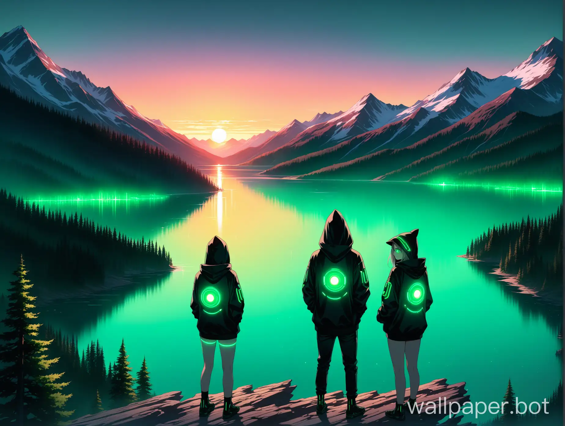 high-res, masterpiece, 4k, 8k, lake, mountain, forest, sunset, green cyber, futuristic, boy and girl in black hoodies, green glowing eyes