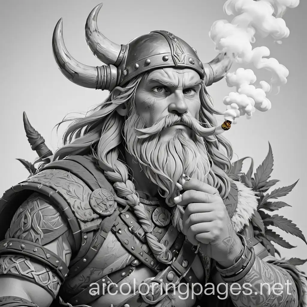 viking smoking cannabis, Coloring Page, black and white, line art, white background, Simplicity, Ample White Space. The background of the coloring page is plain white to make it easy for young children to color within the lines. The outlines of all the subjects are easy to distinguish, making it simple for kids to color without too much difficulty