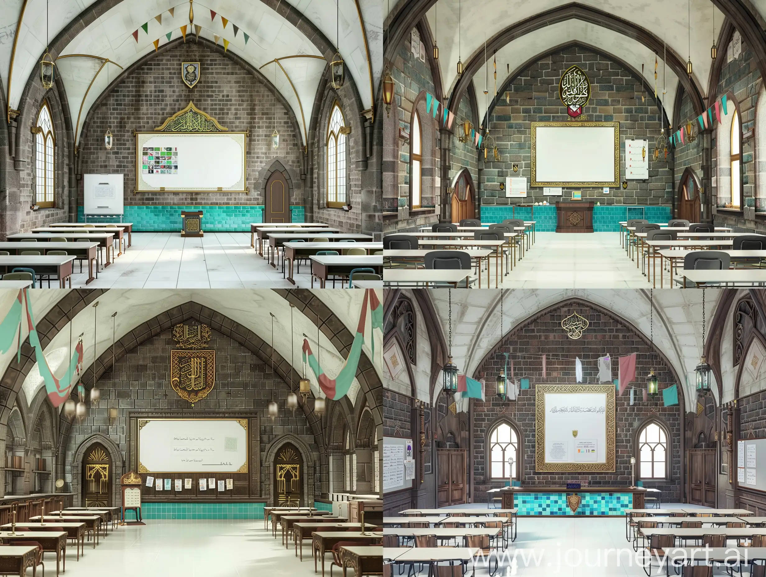 islamic arch vaulted classroom, plain interior made of darkbrown stone bricks, a whiteboard enclosed within golden arabesque frame is hanging on the front, noticeboard having pinned posters is on inwards going side wall, many desks with chairs, white floor, turquoise tiled lower wall, heraldic crest on top, long flag banners hanging from ceiling edges, islamic hanging lamps, minbar pulpit, arched side windows, two doors on front corners --sref https://cdn.discordapp.com/attachments/1213041174428782623/1242354047328190524/images_-_2024-05-21T112058.741.jpg?ex=664d87de&is=664c365e&hm=6af818a0e3f59d253909febba320e7fce1983999fba4d21f86213fd2f3f2ea98&