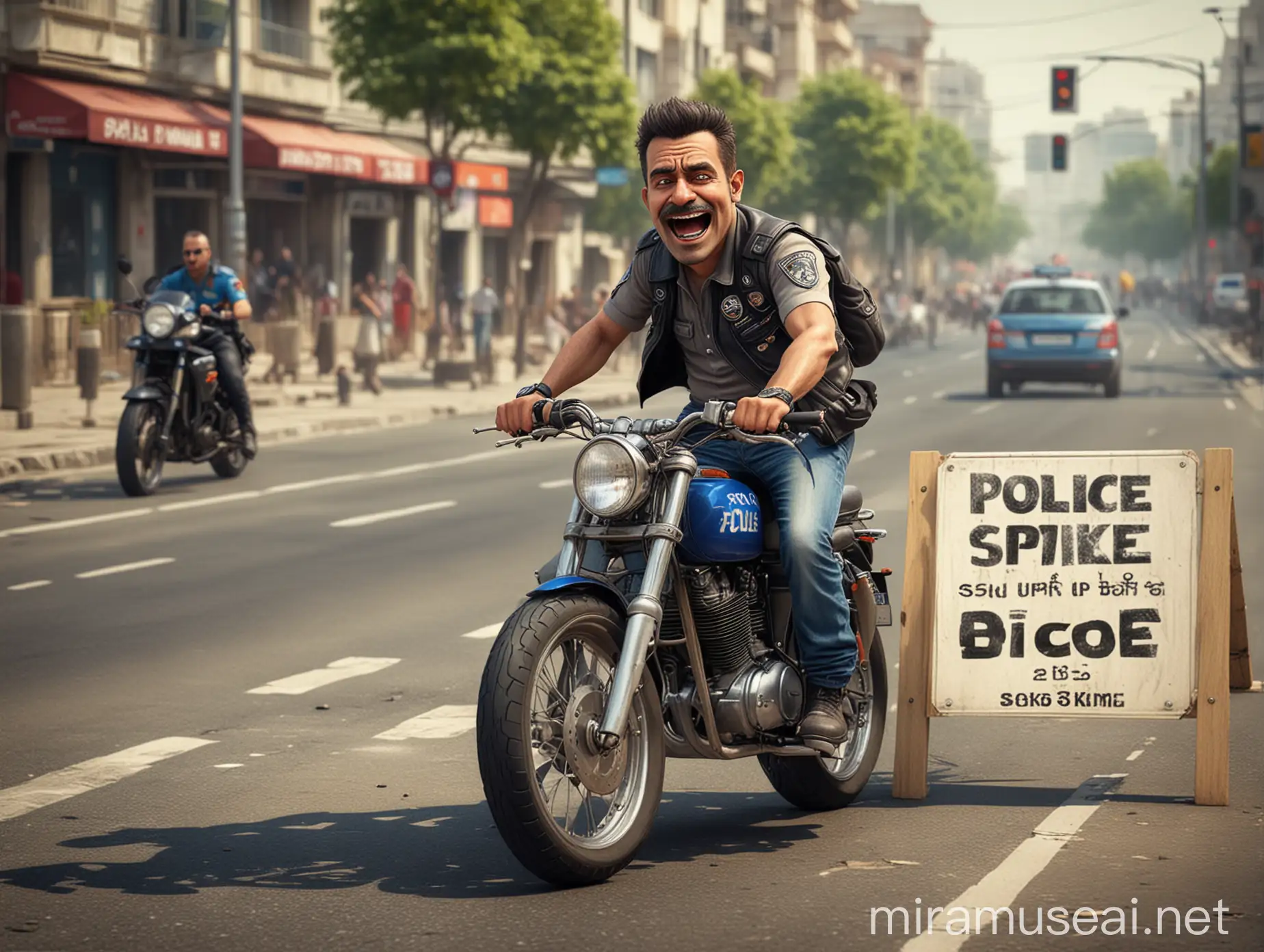 Funny biker trying to speed up his bike but he can't speed up with his bike. for trafic rules.. a police is sranding besides the road. The biker is very angy.. and the police is smiling.. on the road speed limit is 30km written on the board.. city background side view ultra realistic real image