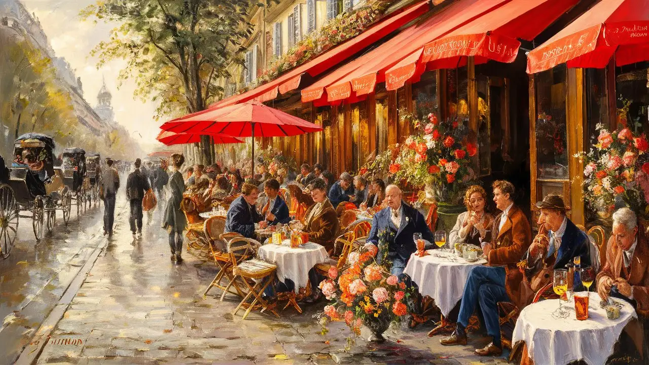 Impressionism painting of a Paris sidewalk cafe.