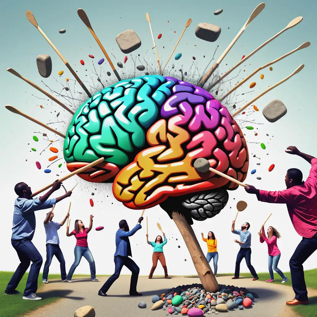 A colorful picture of people hitting the brain with sticks and throwing stones at it. 