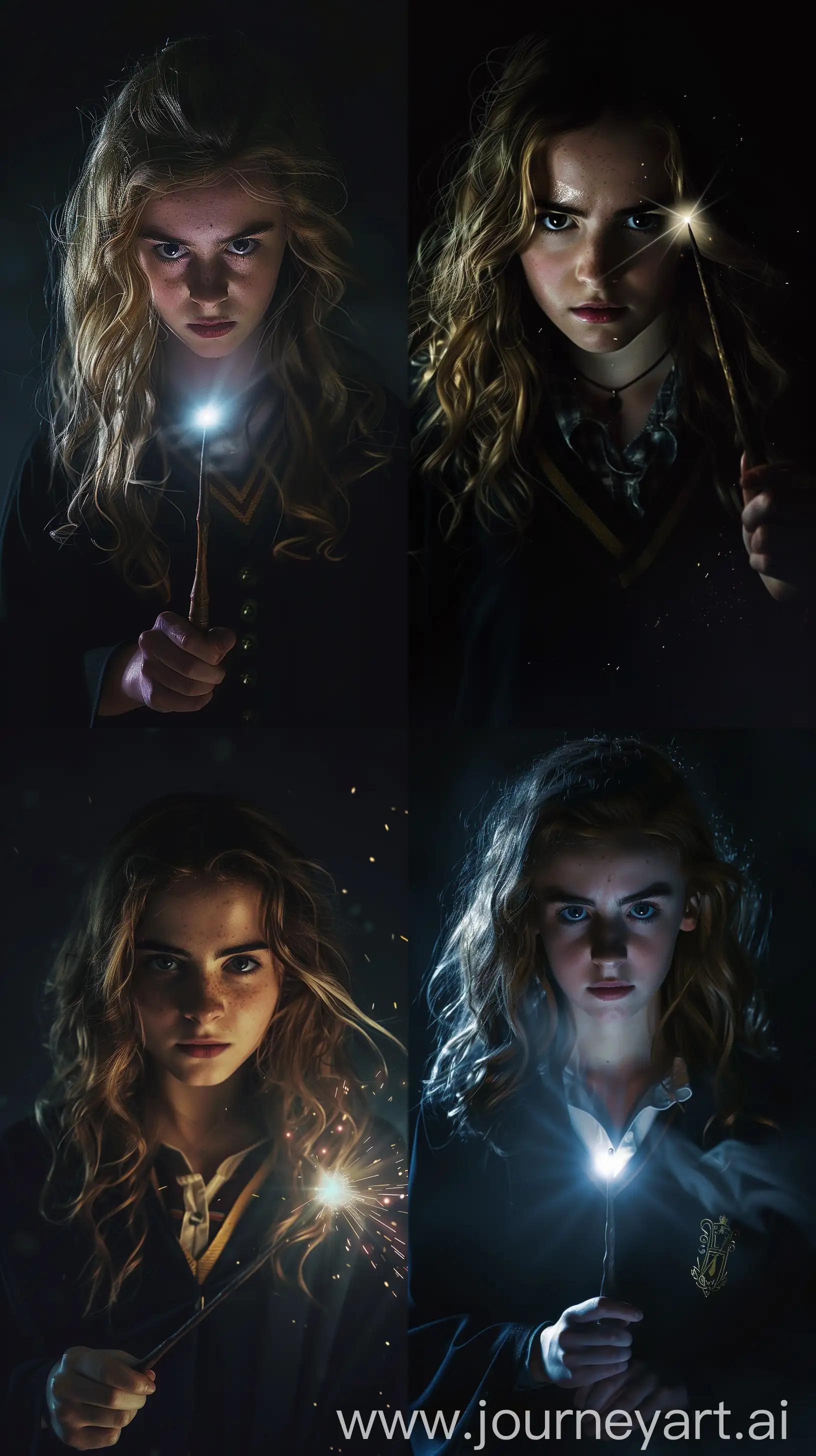 Hermione Granger highlights herself with a wand, there is complete darkness around, waist-high portrait, ultra realistic, --ar 9:16