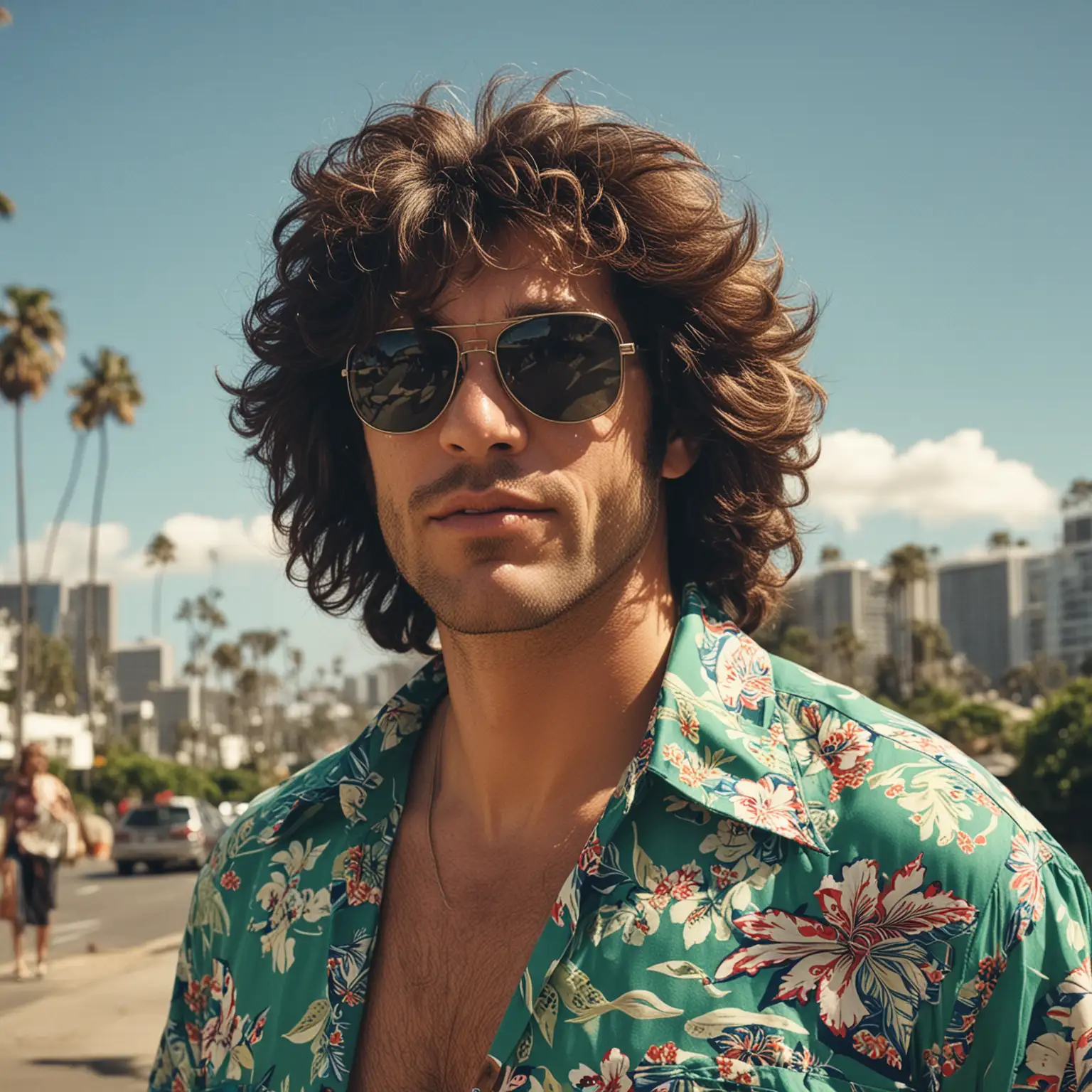 70's man, thick sunglasses, huge hair, hawaiian green shirt, blue sunny LA skies