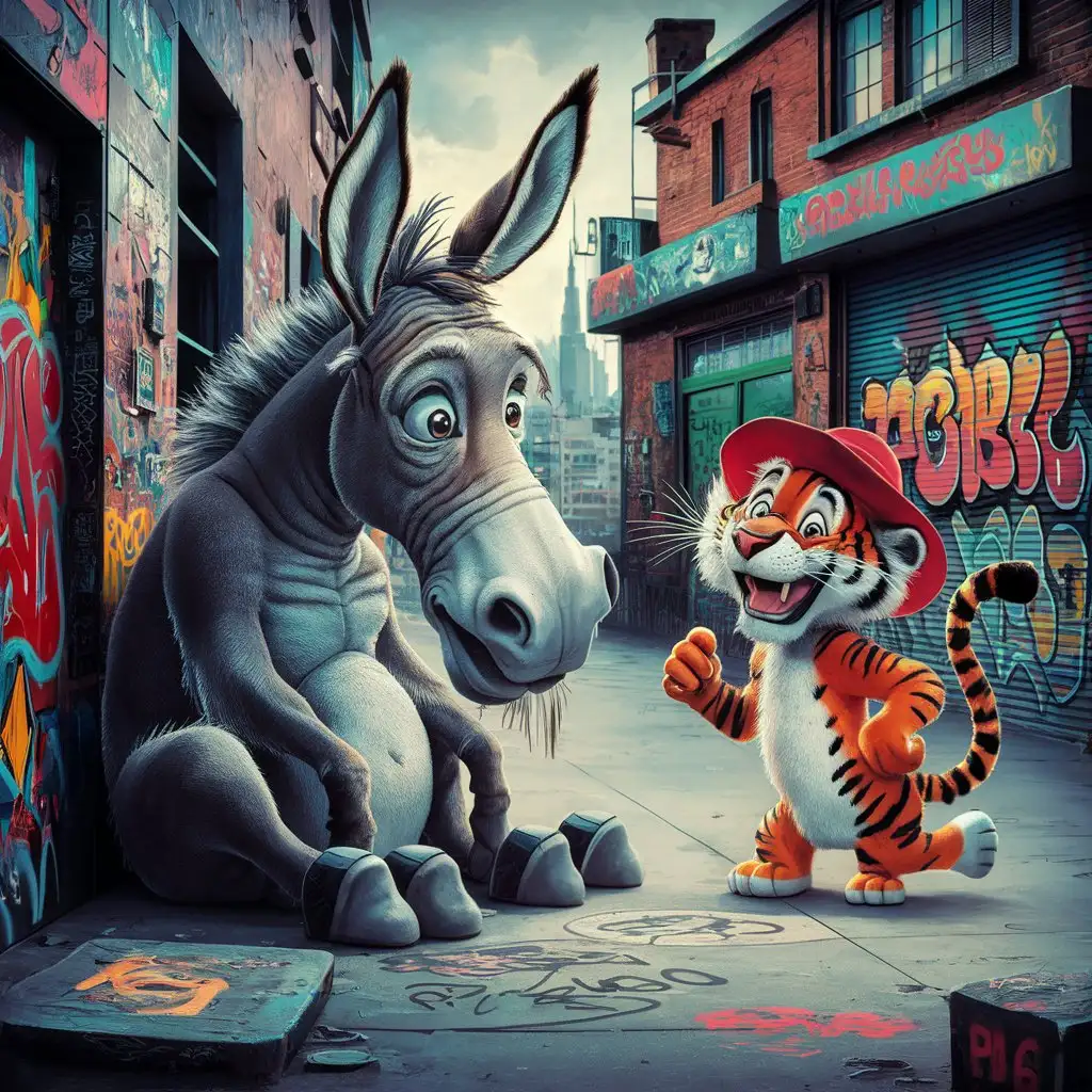 Cheerful Tiger and Weary Donkey Graffiti Art