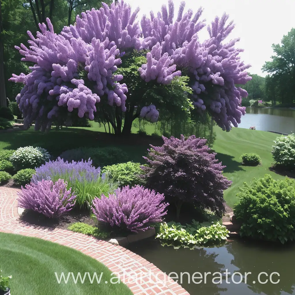 Tranquil-Scene-with-Brick-House-Shrubs-Lilac-and-Pond