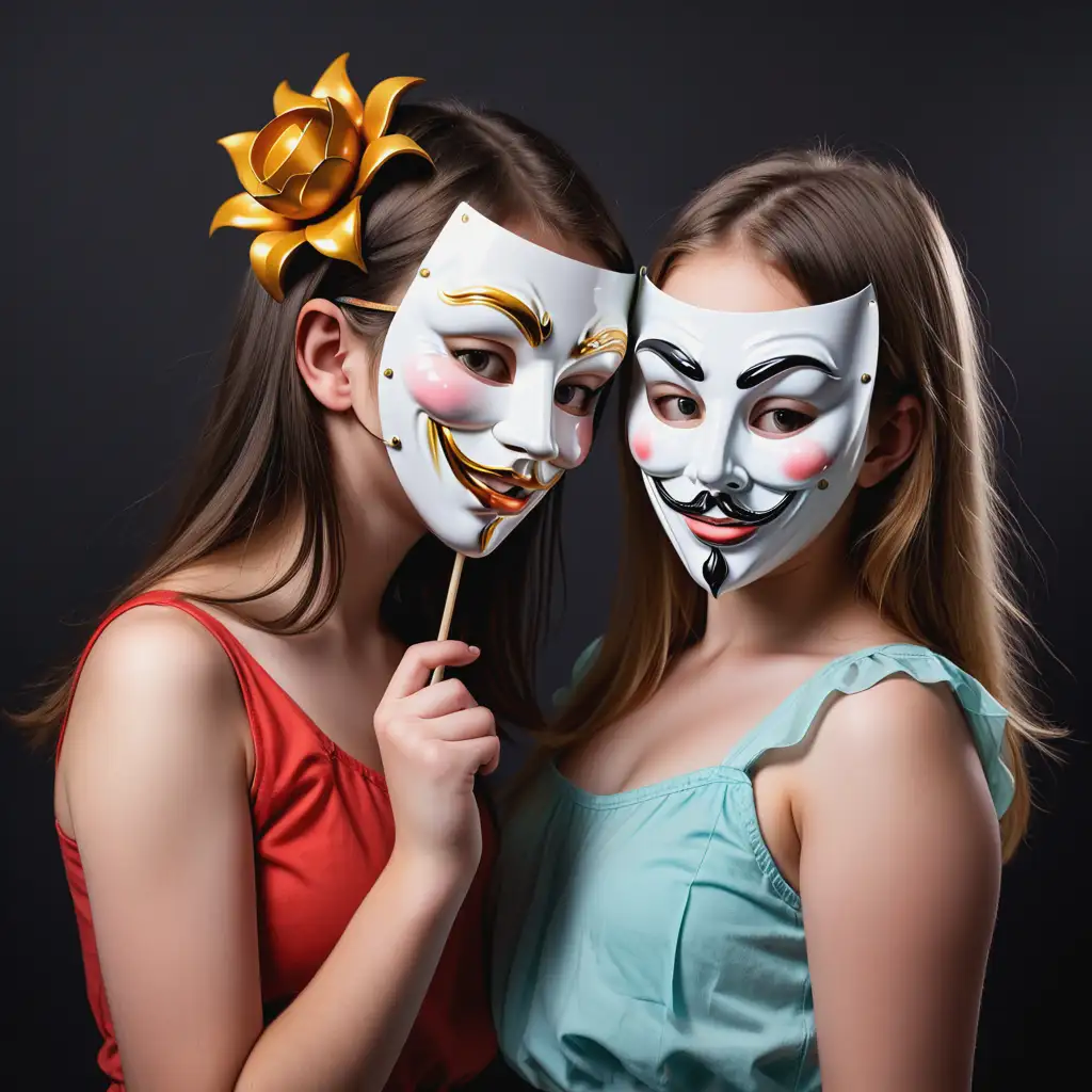 Две девушки одна в театральной маске комедии другая в маске трагедии
