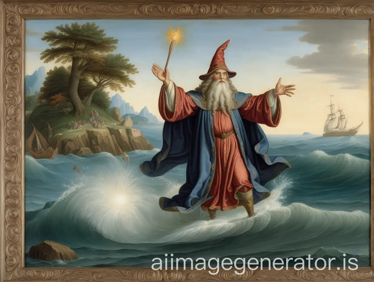 A renaissance style painting of a wizard rising from the sea by an island