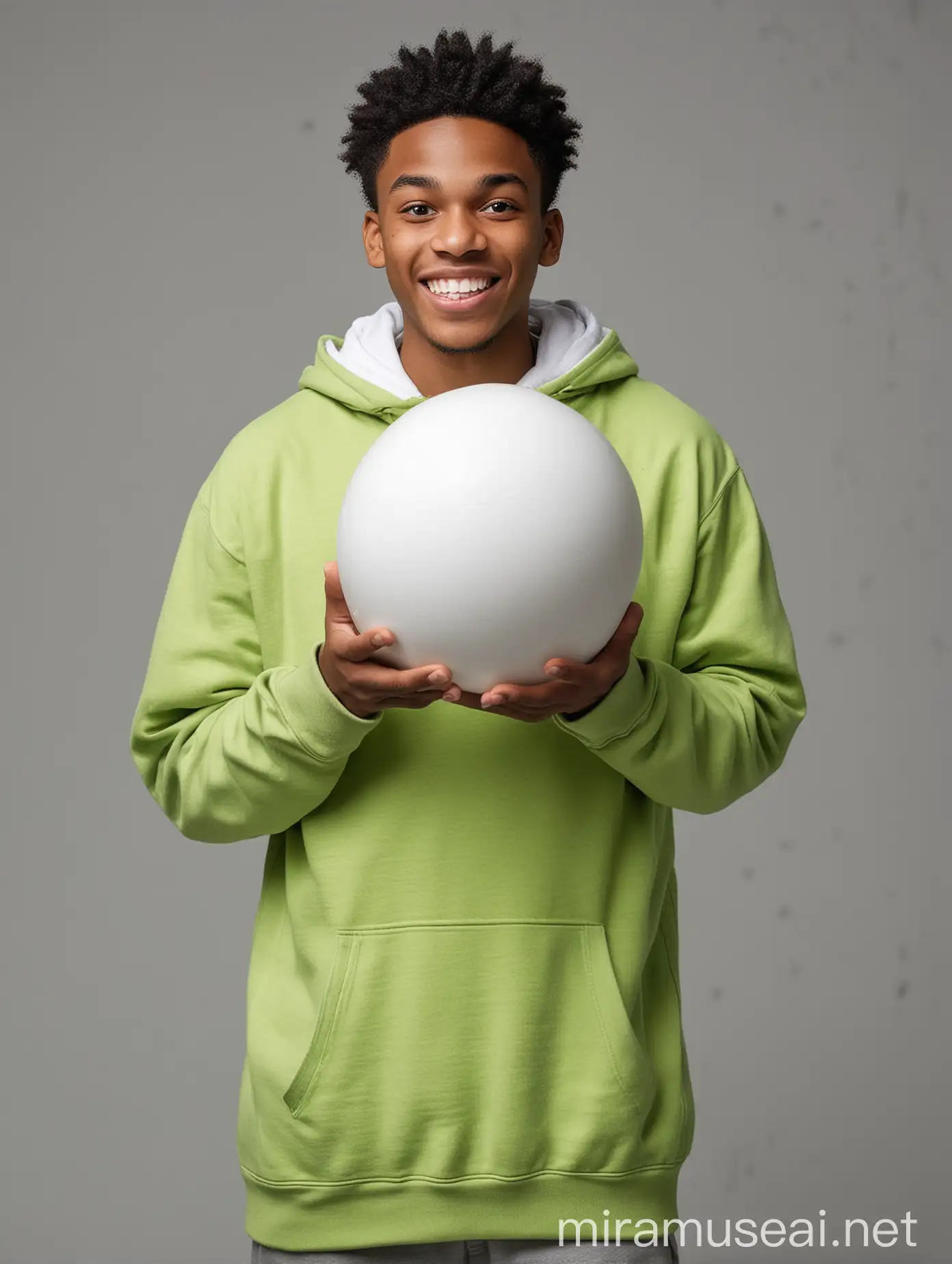 African American young man with cheerful expression , wearing a lime green hoodie sweatshirt , Holding a huge white round ball in the middle  ,standing against gray space, facing camera