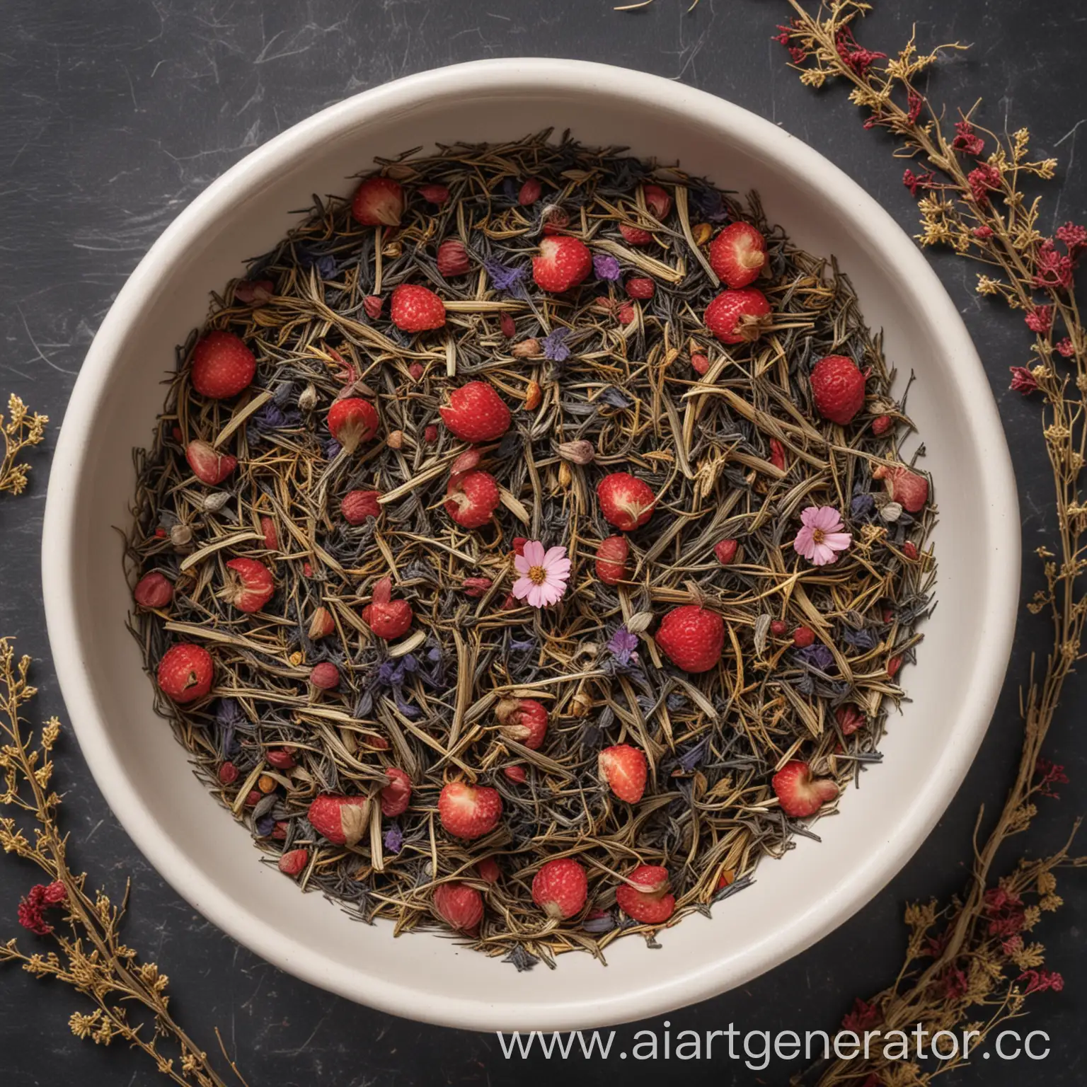 Earl Grey loose tea "Strawberry needles" in a bowl, top view, and dried flowers on the sides