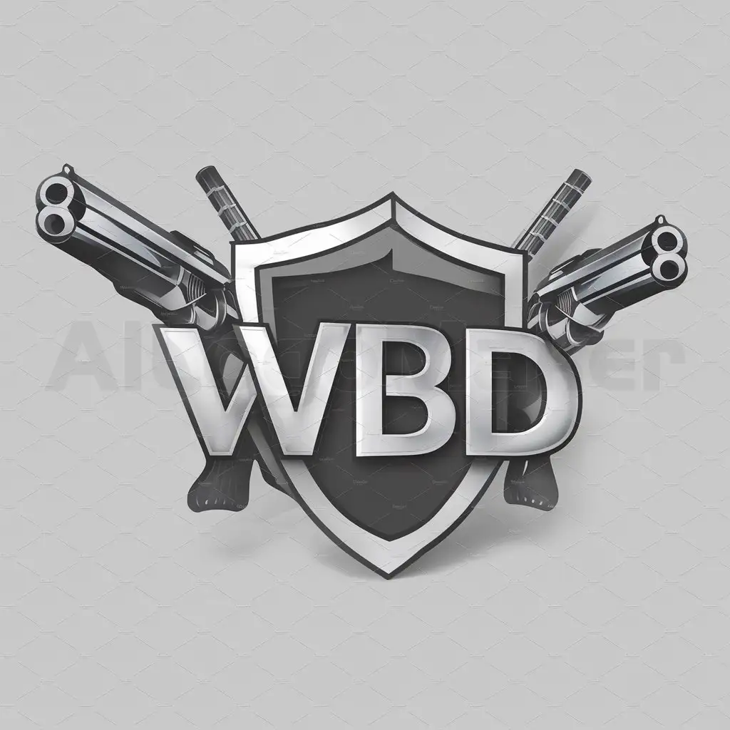 a logo design,with the text "WBD", main symbol:shield with guns coming out the back on left and right sides,Moderate,be used in Entertainment industry,clear background
